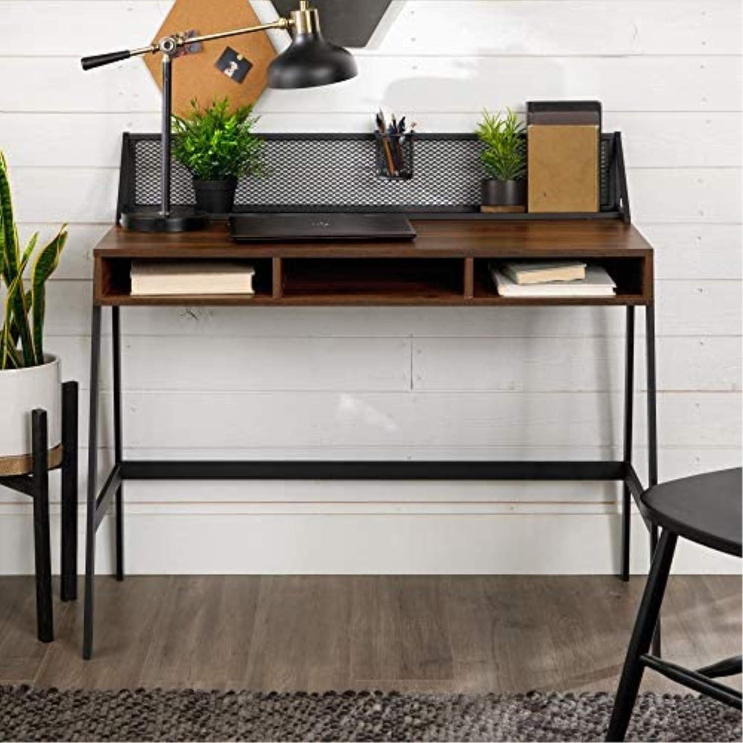 xrboomlife Industrial Mesh Wood Laptop Computer Writing Desk Home Office Workstation Small  42 Inch  Slate Grey