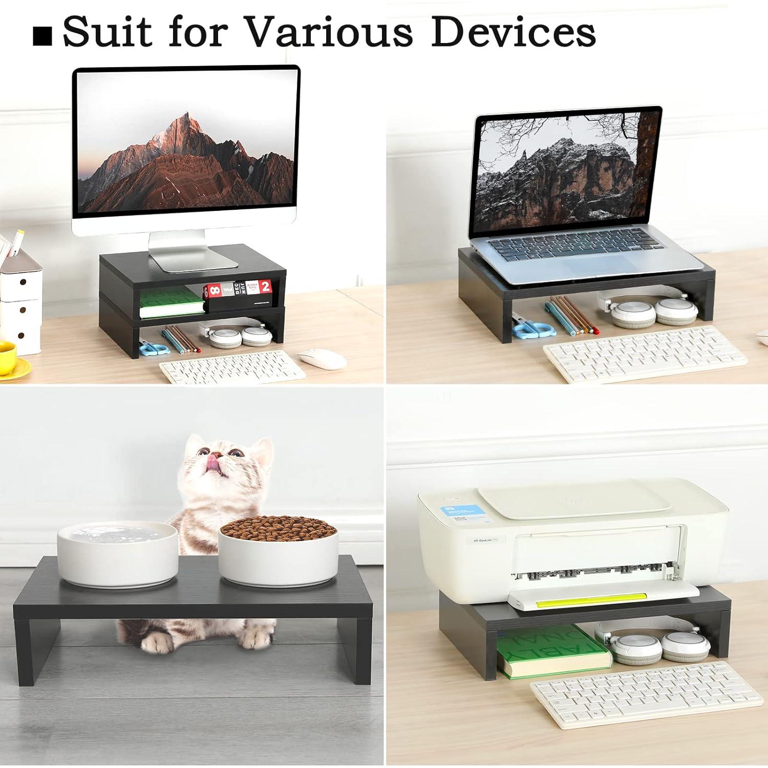 TEAMIX Wood Monitor Stand Riser-2 Pack, 2 Tier Adjustable Monitor Stand Dual Monitor Riser for 2 Monitors/Laptop/PC Black Computer Stand for Desk