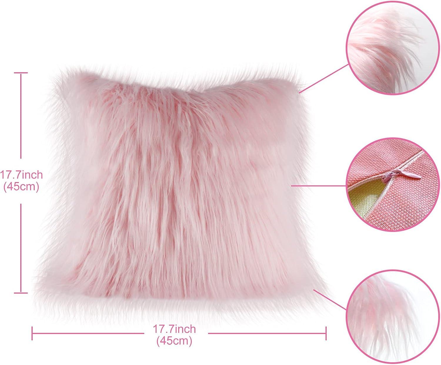 Set of 2 Fluffy Pillow Covers New Luxury Series Merino Style Blush Faux Fur Decorative Throw Pillow Covers Square Fuzzy Cushion Case 18x18 Inch