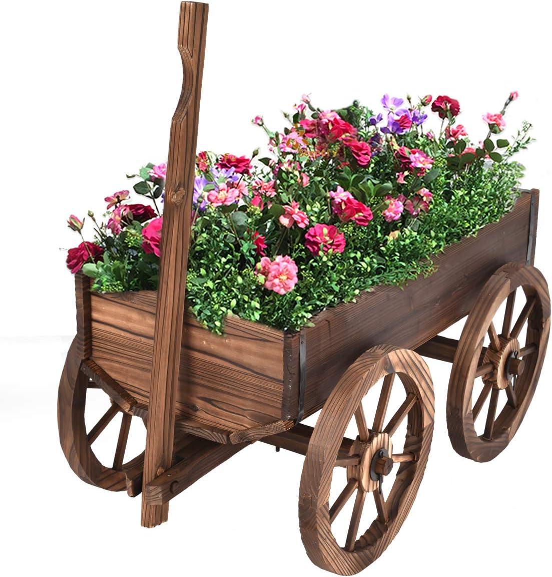 Tangkula Outdoor Flower Planter Wood Wagon Decoration Wheels