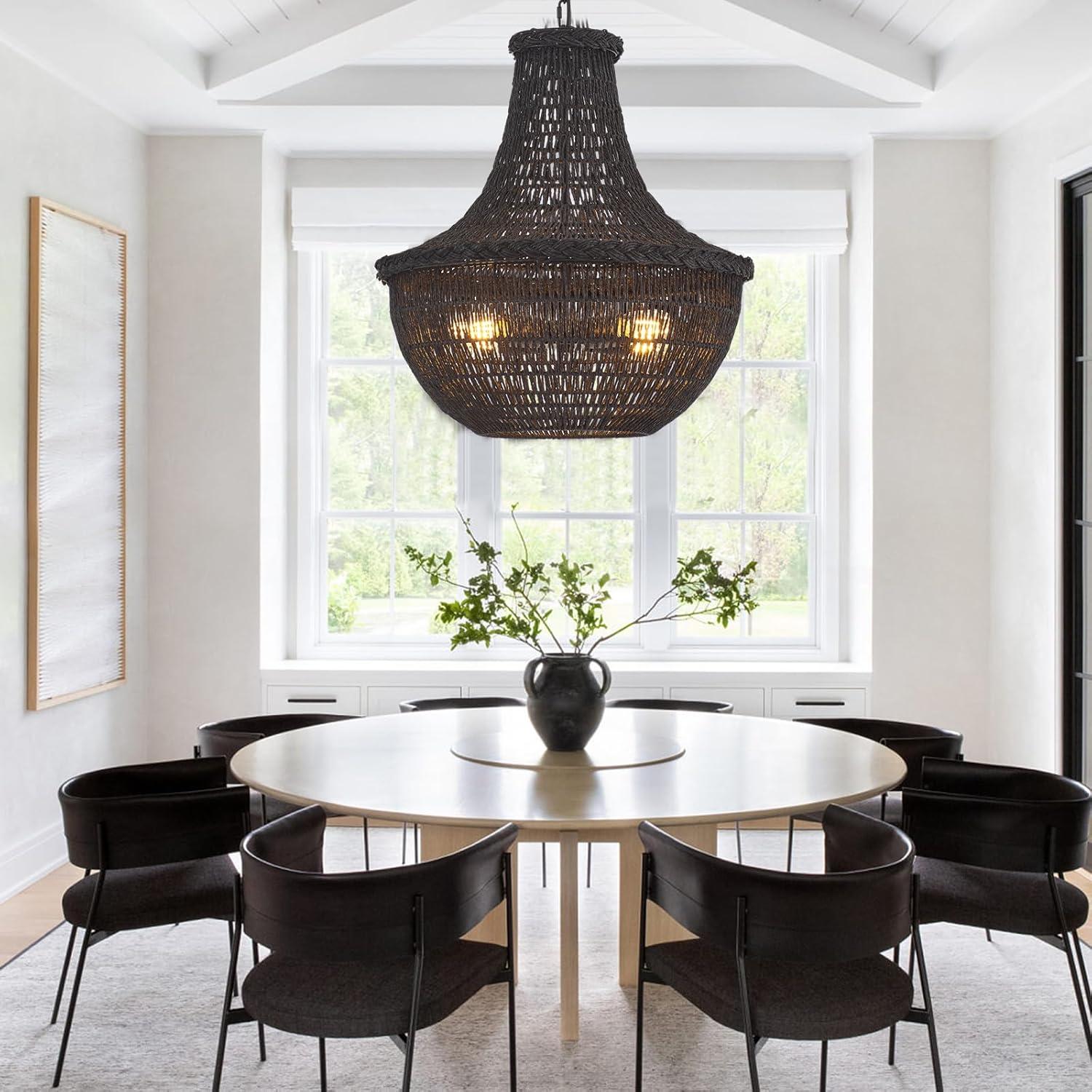 19.69" Boho Black Rattan Chandelier Vintage 4-Lights Farmhouse Hand-Woven Bamboo Basket Chandelier Light Fixture Rustic Wicker Rattan Chandeliers for Dining Room, Kitchen, Living Room