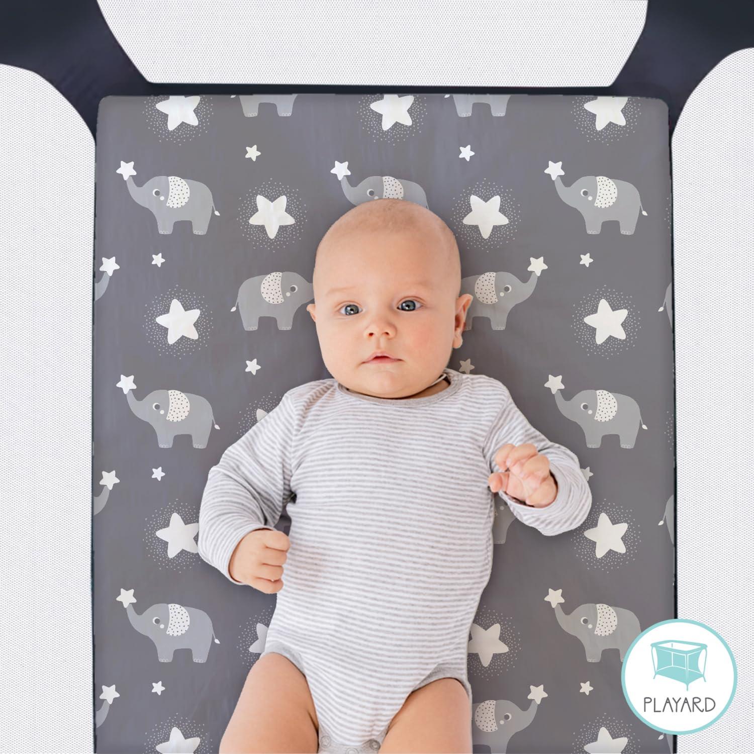The Peanutshell Pack n Play, Mini Crib, Portable Crib or Fitted Playard Sheets for Baby Boy or Girl, Celestial Elephant, 3 Pack Set