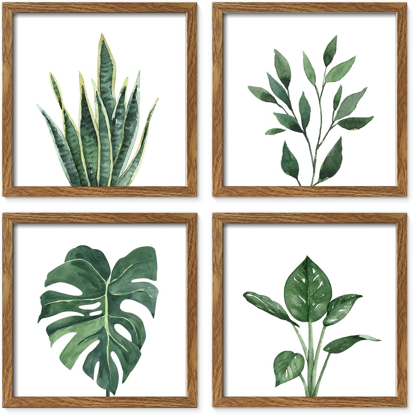 10x10 Walnut Botanical Green Plant Framed Wall Art Set