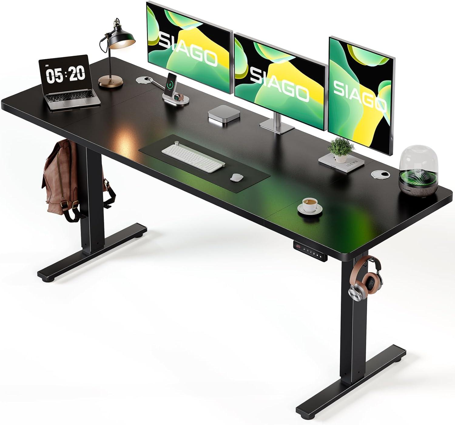 White Adjustable Height Standing Computer Desk with Headphone Hook