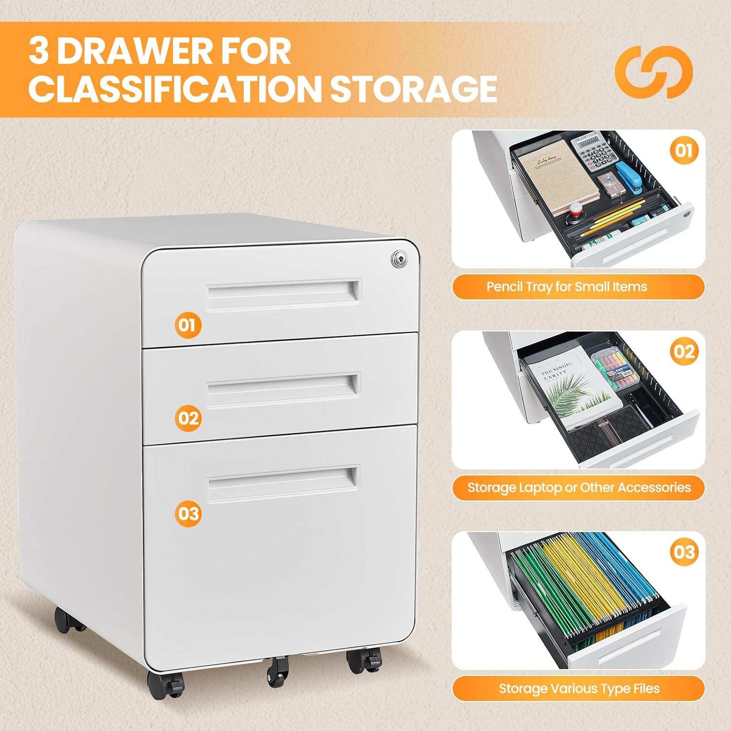 3 Drawer File Cabinet with Lock,Under Desk File Cabinet,White Rolling File Cabinet,Three Drawer Filing Cabinet for Home Office with Wheels,Fit A4/Letter/Legal File,Fully Assembled Except Casters