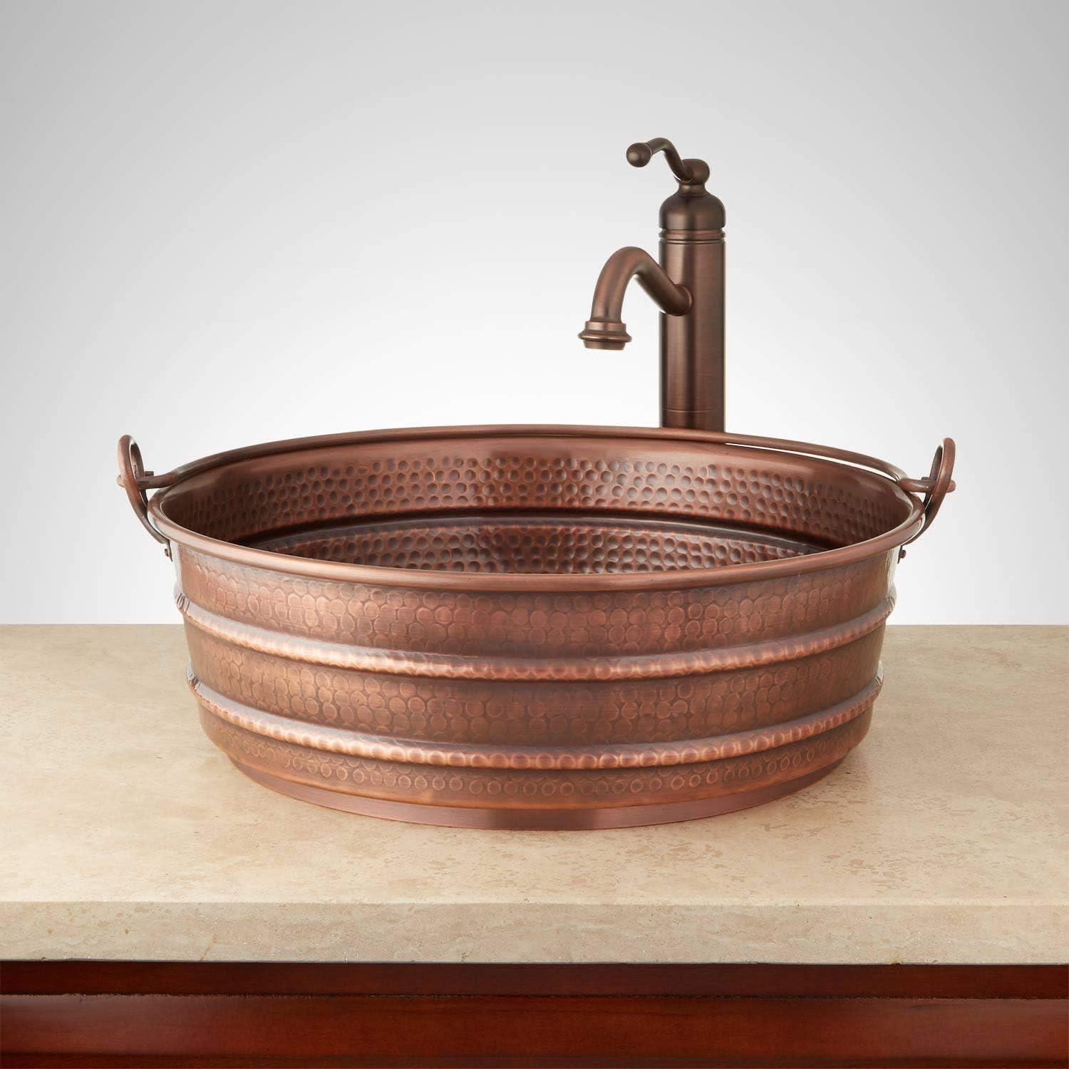 17" Hammered Copper Bucket Vessel Sink with Decorative Copper Handle