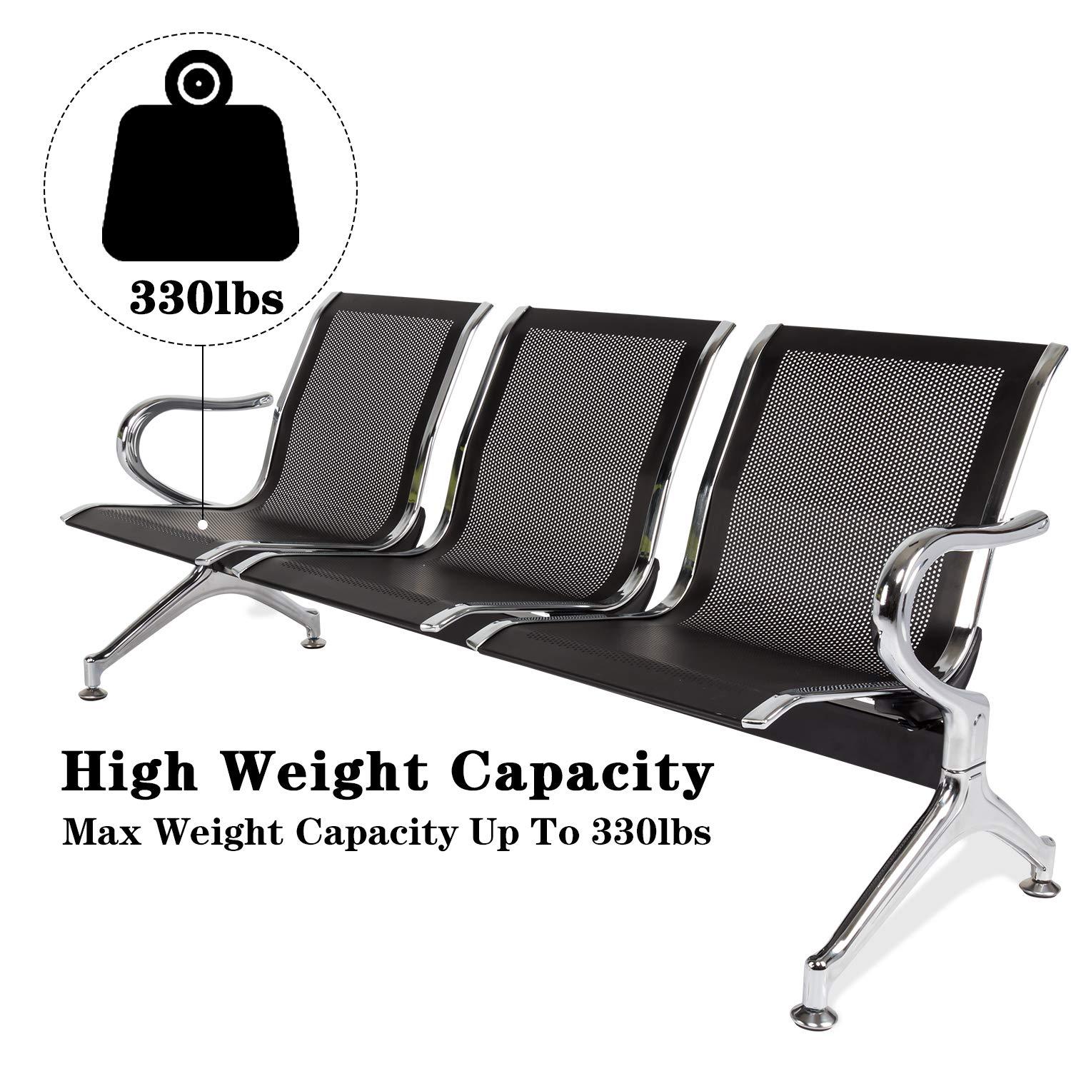 Kinbor Waiting Room Chairs, 3-Seat Reception Chairs Office Guest Waiting Furniture Bench Seating for Airport Bank Hospital, Black