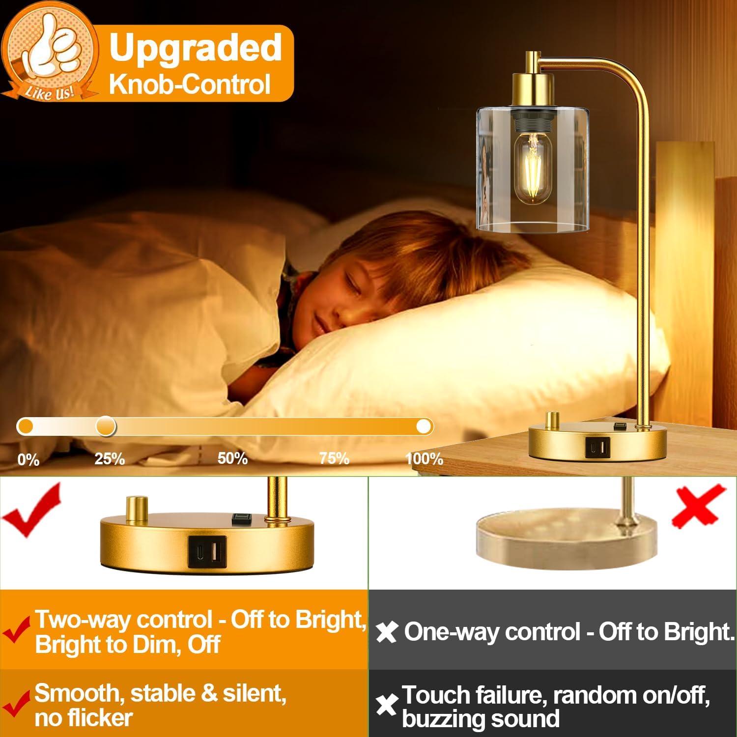 【Upgraded】Set of 2 Industrial Table Lamps with 2 USB Port, Fully Stepless Dimmable Bedside Lamps for Bedroom, Nightstand Desk Lamps with Glass Shade for Bedroom Living Room Office 2 LED Bulb Included