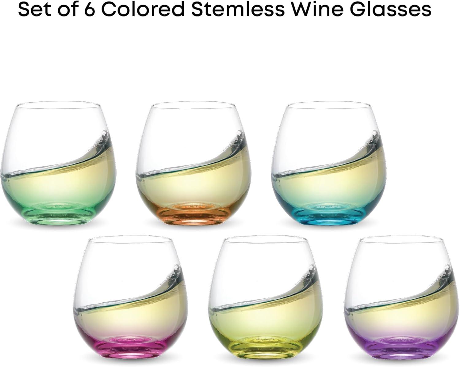 JoyJolt Hue Colored Stemless Wine Glass-Set of 6 Colorful Red or White Wine Drinking Glasses- 15 oz