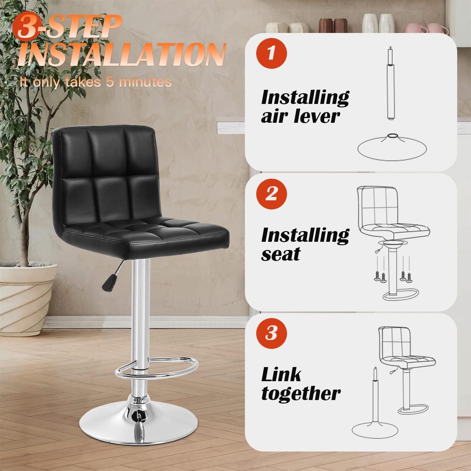 Barstools Set of 2 Counter Height Bar Stools Height Adjustable Back PU Leather Swivel Stools Hydraulic Swivel Dining Chairs for Kitchen Bar Restaurant Living Room, Black
