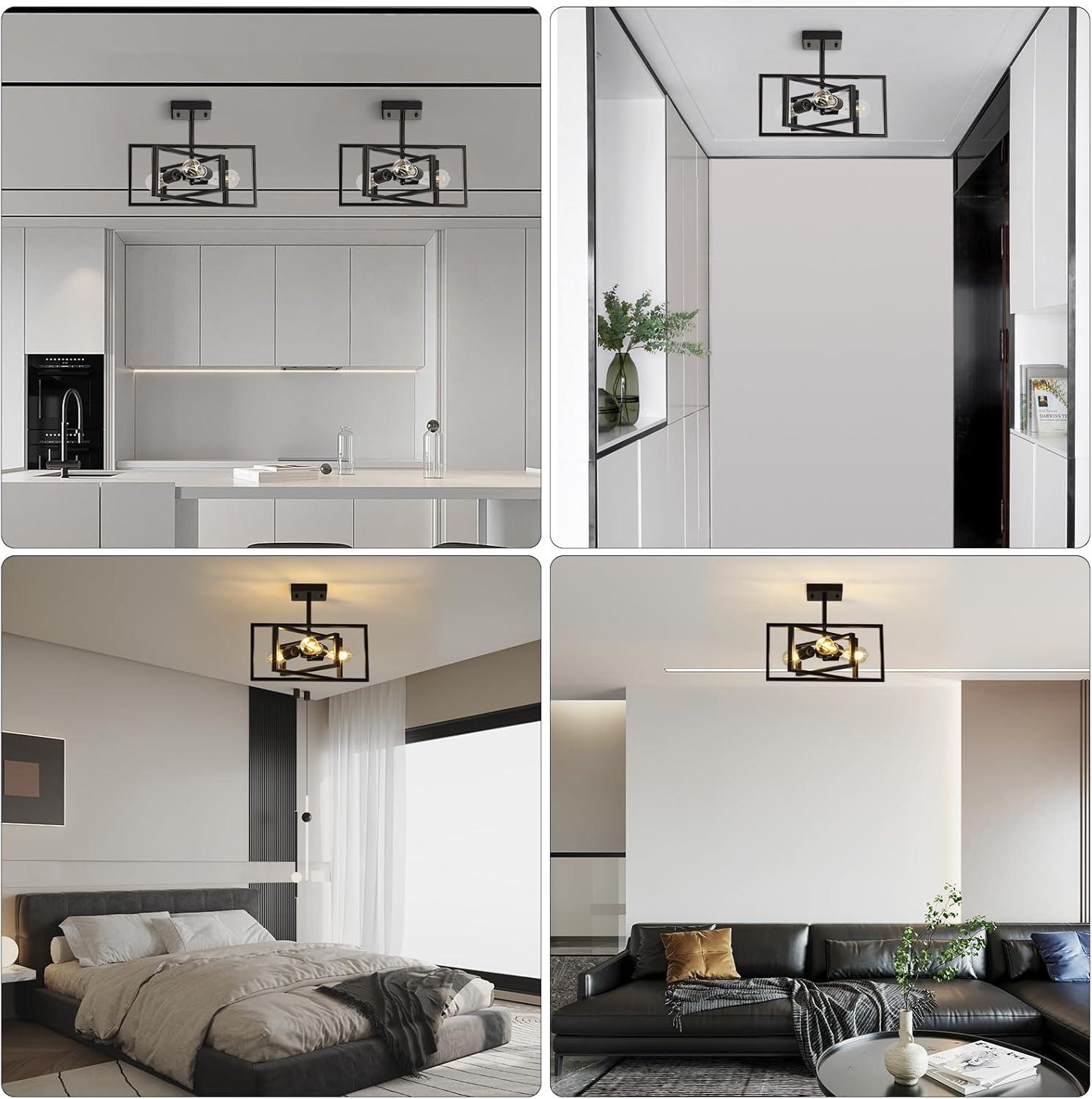 Black Semi Flush Mount Ceiling Light Fixture, 3-Light Modern Farmhouse Ceiling Light, Industrial Metal Chandelier Ceiling Lamp for Kitchen Entryway Bedroom Foyer Hallway, E26 Socket