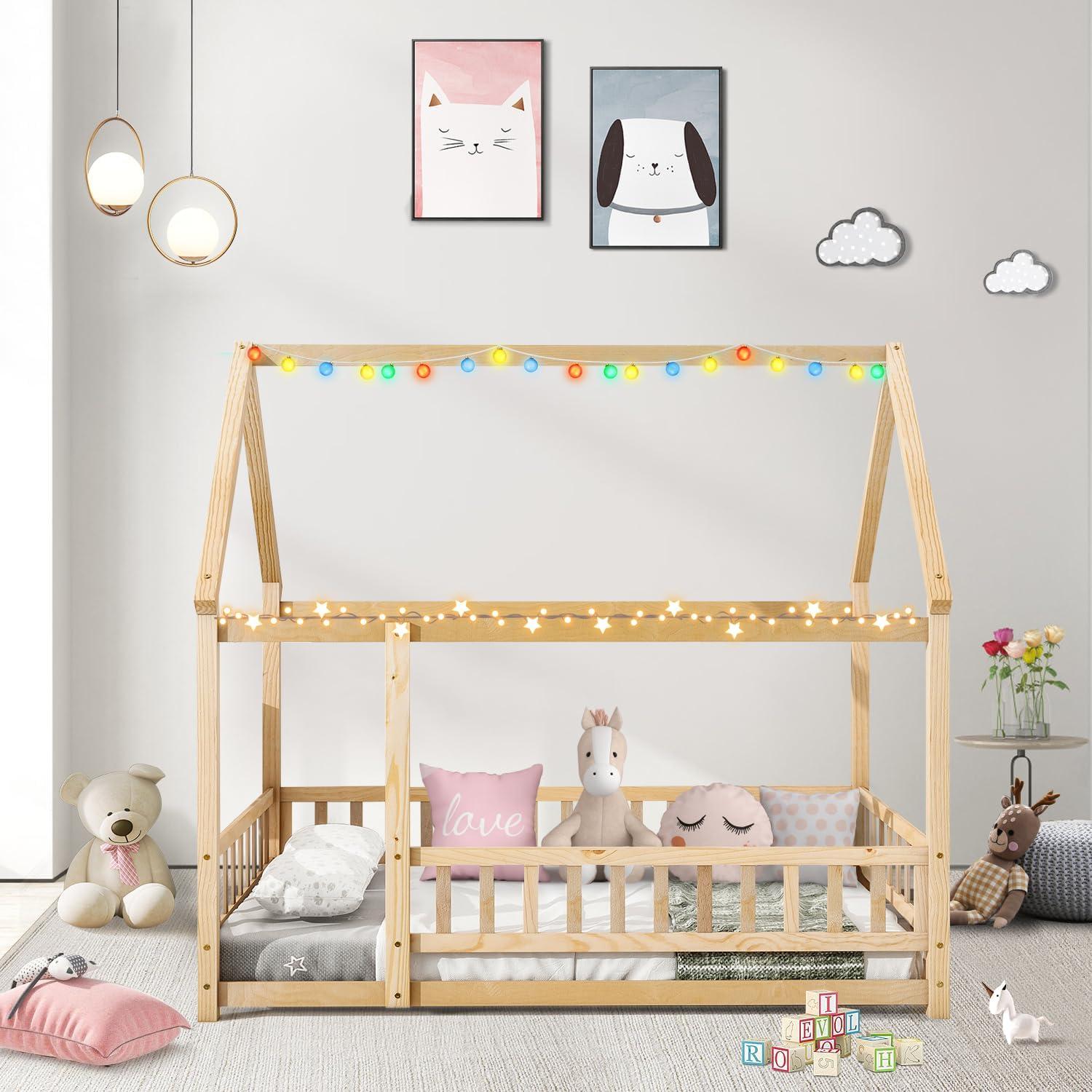 Natural Pine Twin Montessori House Bed Frame with Fence