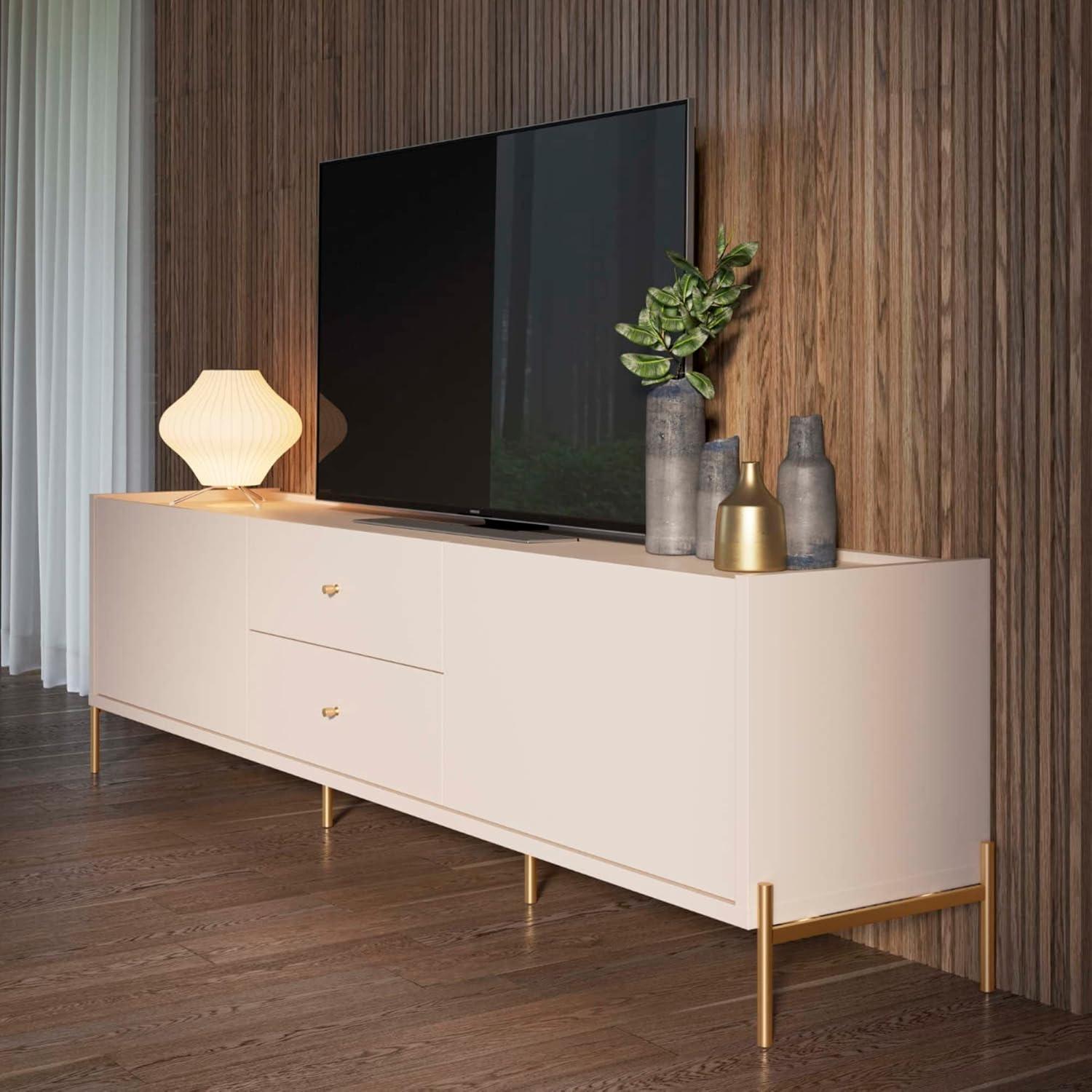 Off-White Modern TV Stand with Gold Steel Legs and Drawers