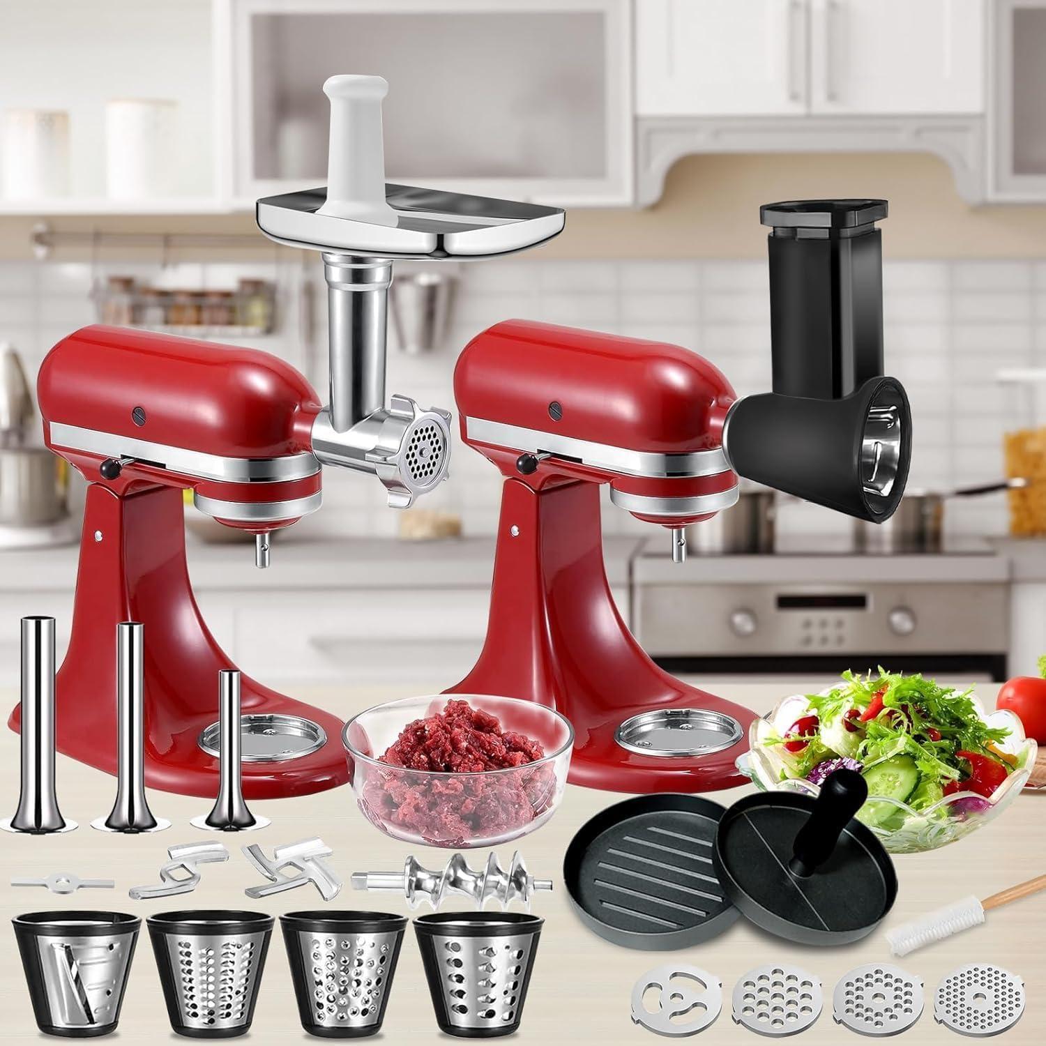 Meat Grinder Attachment for Kitchenaid Stand Mixer with 4 Grinding Plates, Cheese Grater Attachment for kitchenaid Stand Mixer with 3 Metal Sausage Stuffer Tubes, Salad Maker, Burger Press & 3 Blades