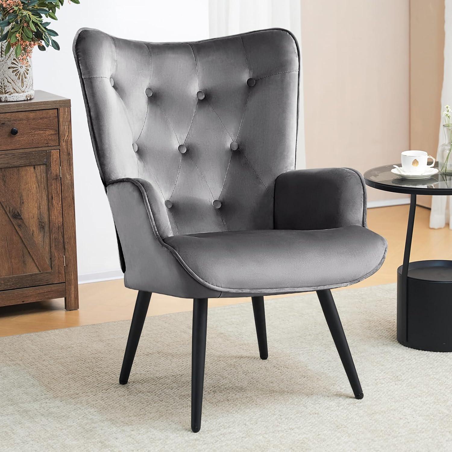 Furniliving Button-Tufted Wingback Chair Velvet Accent Chair,Grey