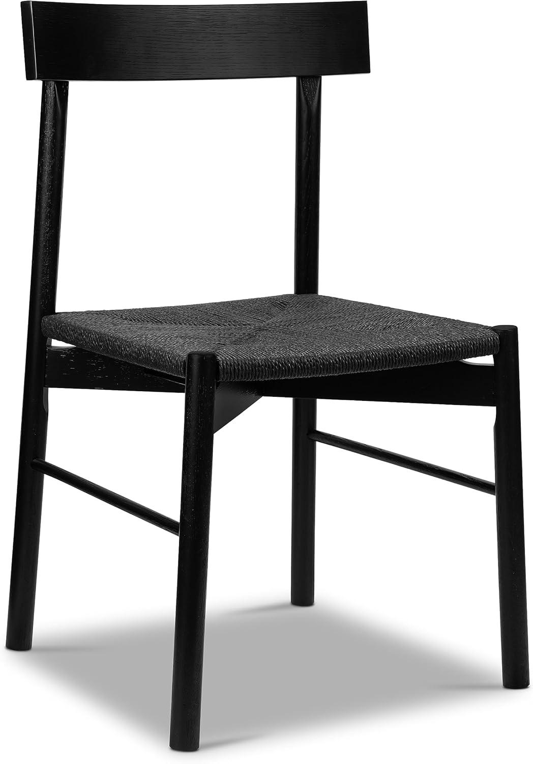 Pitch Black Solid Wood Dining Chair with Woven Seat