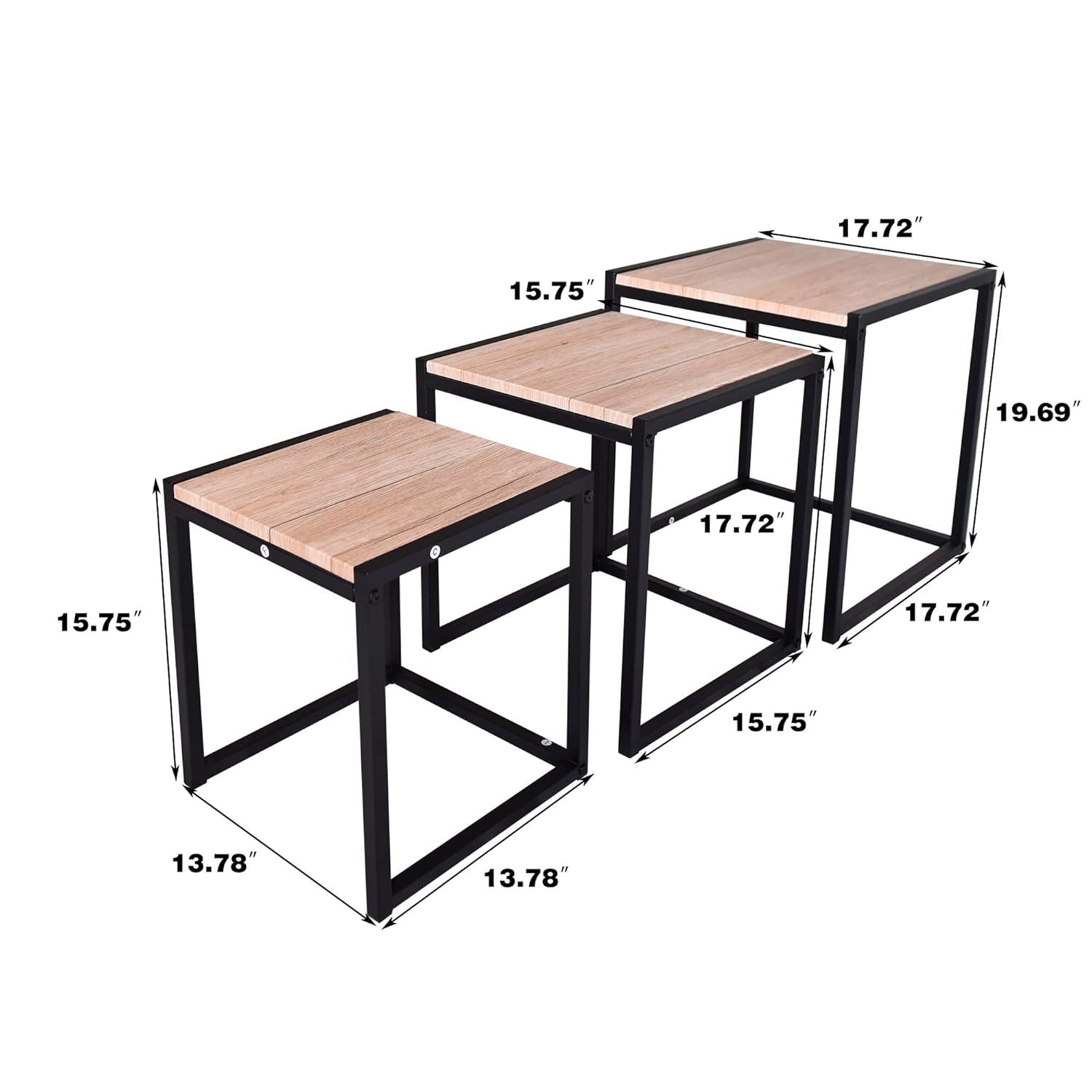 Nesting Table Set of 3 Side Tables, Modern Coffee Table Stacking End Table with Metal Frame，Oak