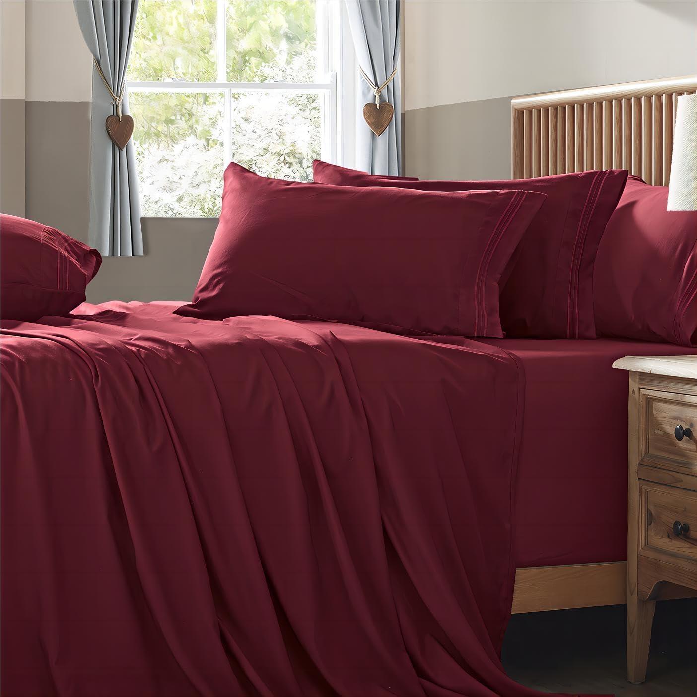 Solid 6 Piece Sheet Set - Ultra Soft - Becky Cameron (Extra Pillow Cases!), Burgundy, King