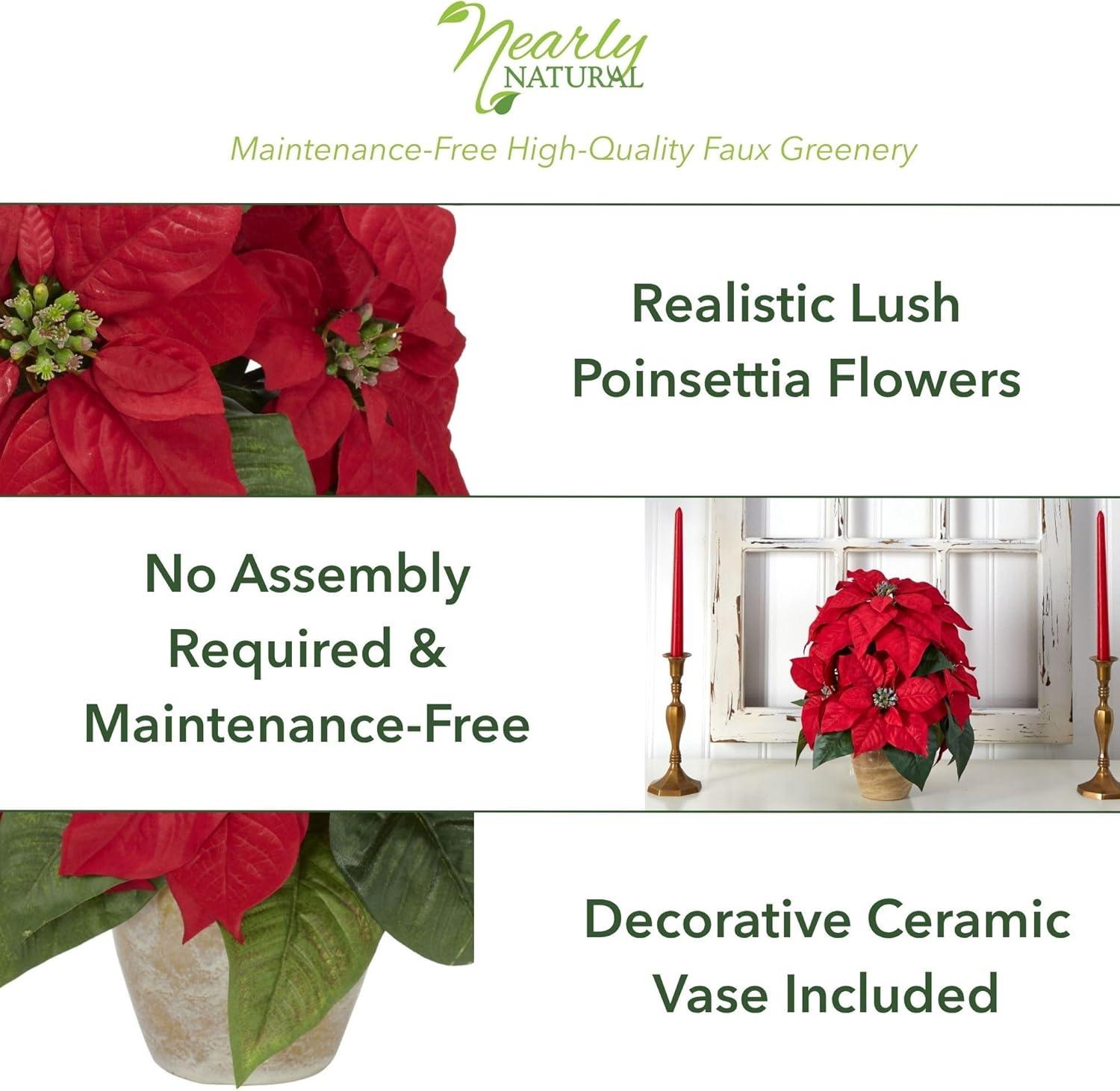 Nearly Natural Poinsettia with Ceramic Vase Artificial Flower Arrangement