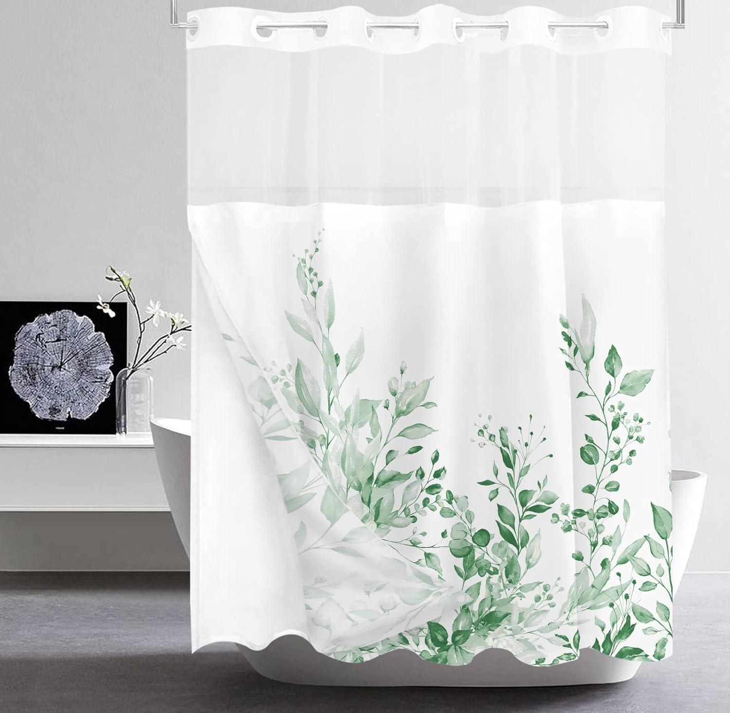 No Hook Shower Curtain with Snap in Liner, Eucalyptus Leaf Vintage Sage Green Leaves Hotel Shower Curtains for Bathroom, Washable Shower Curtain Liner Set with Mesh Top Window, 66"x72"