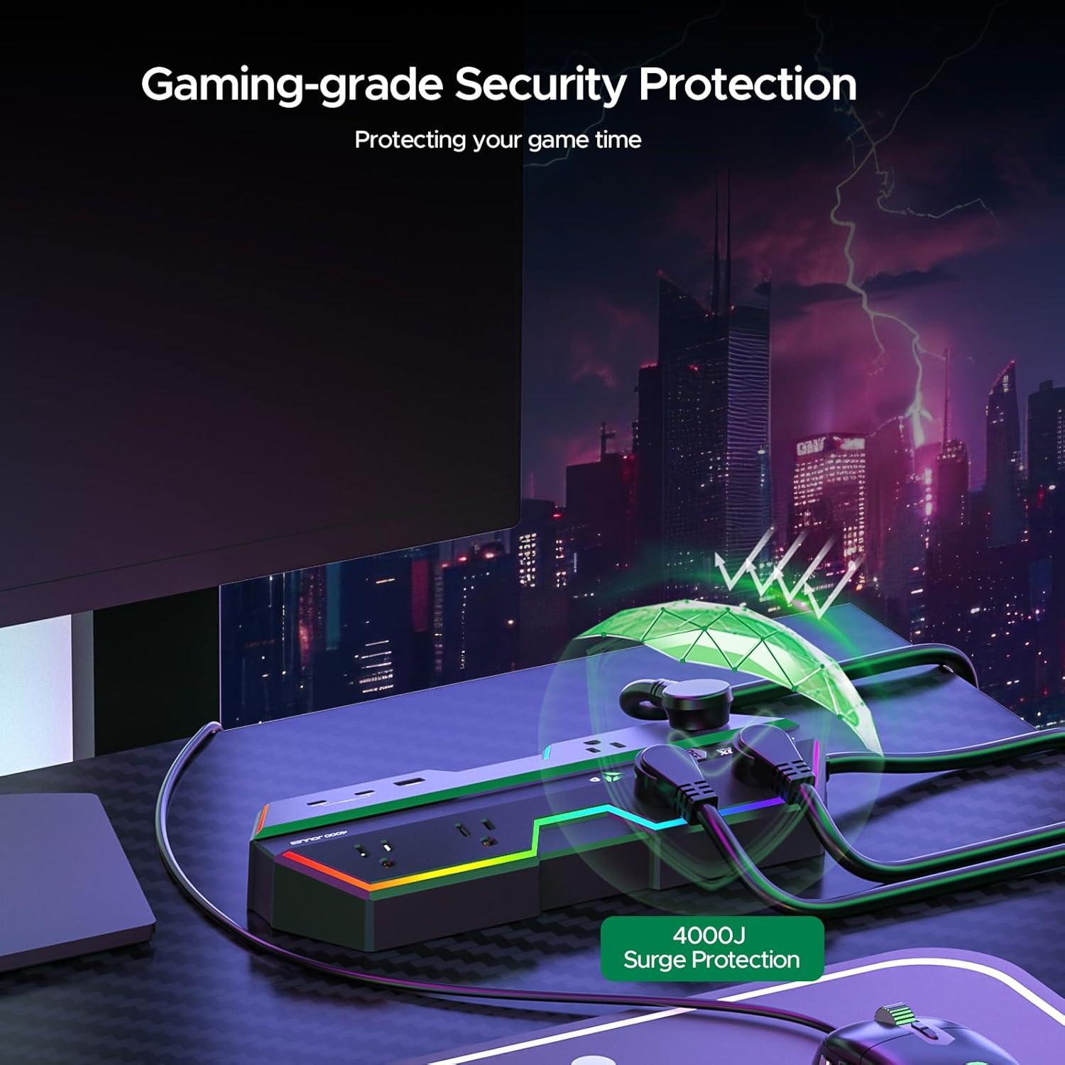 Black RGB Gaming Power Strip with USB Ports and Surge Protection