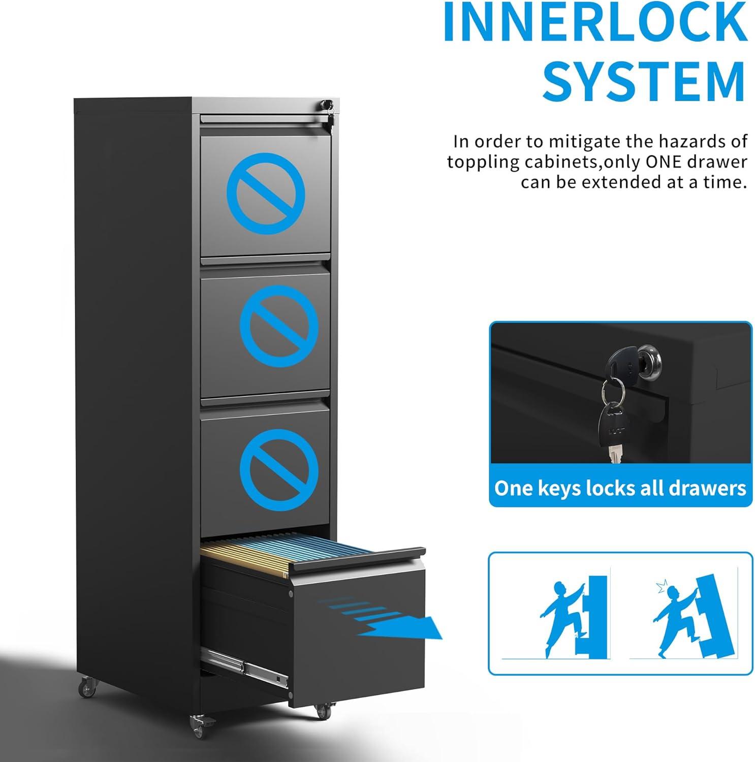 MIIIKO File Cabinet 3 Drawers on Wheels Under Desk, Black Metal Rolling File Cabinets with Lock for Home Office, Un-Assembled Filing Cabinet with Lock