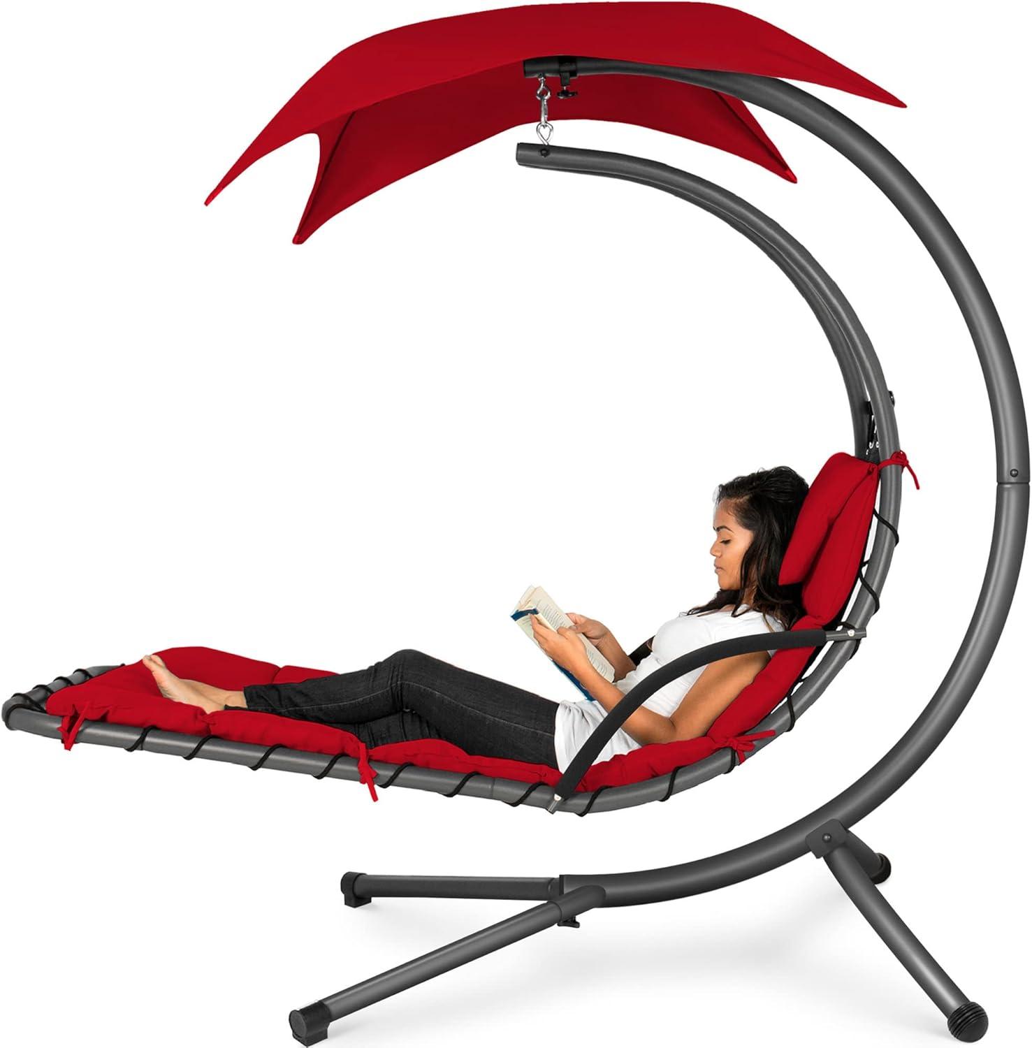 Best Choice Products Hanging Curved Chaise Lounge Chair Swing for Backyard, Patio w/ Pillow, Shade, Stand - Red