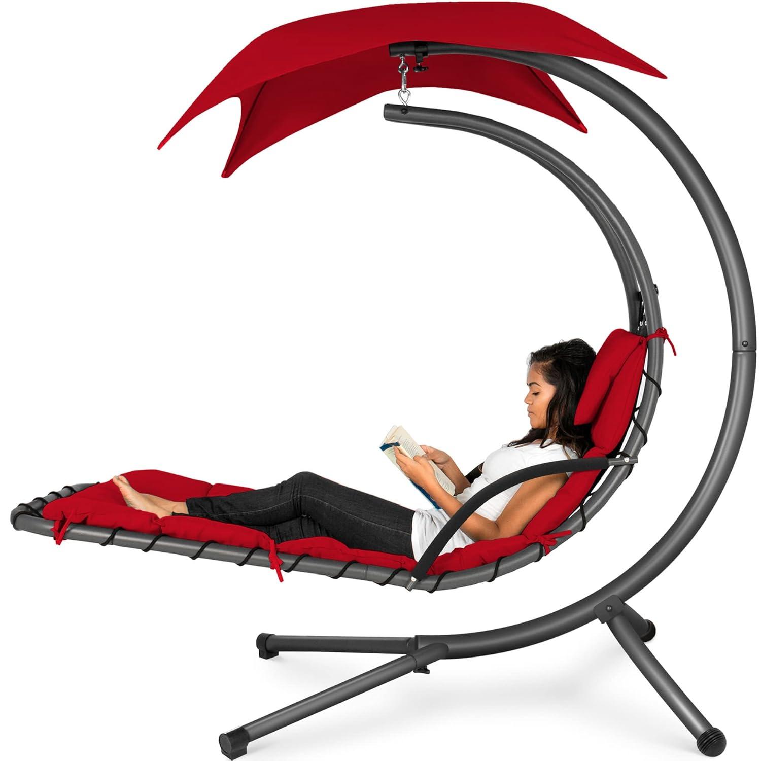 Best Choice Products Hanging Curved Chaise Lounge Chair Swing for Backyard, Patio w/ Pillow, Shade, Stand - Red