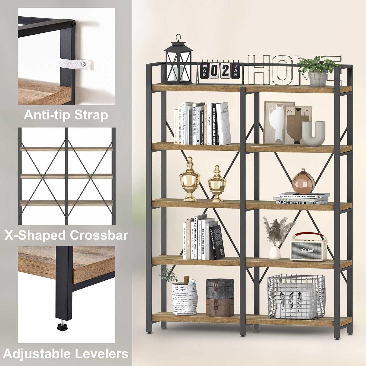 Rustic Oak and Black Industrial 5-Tier Bookshelf