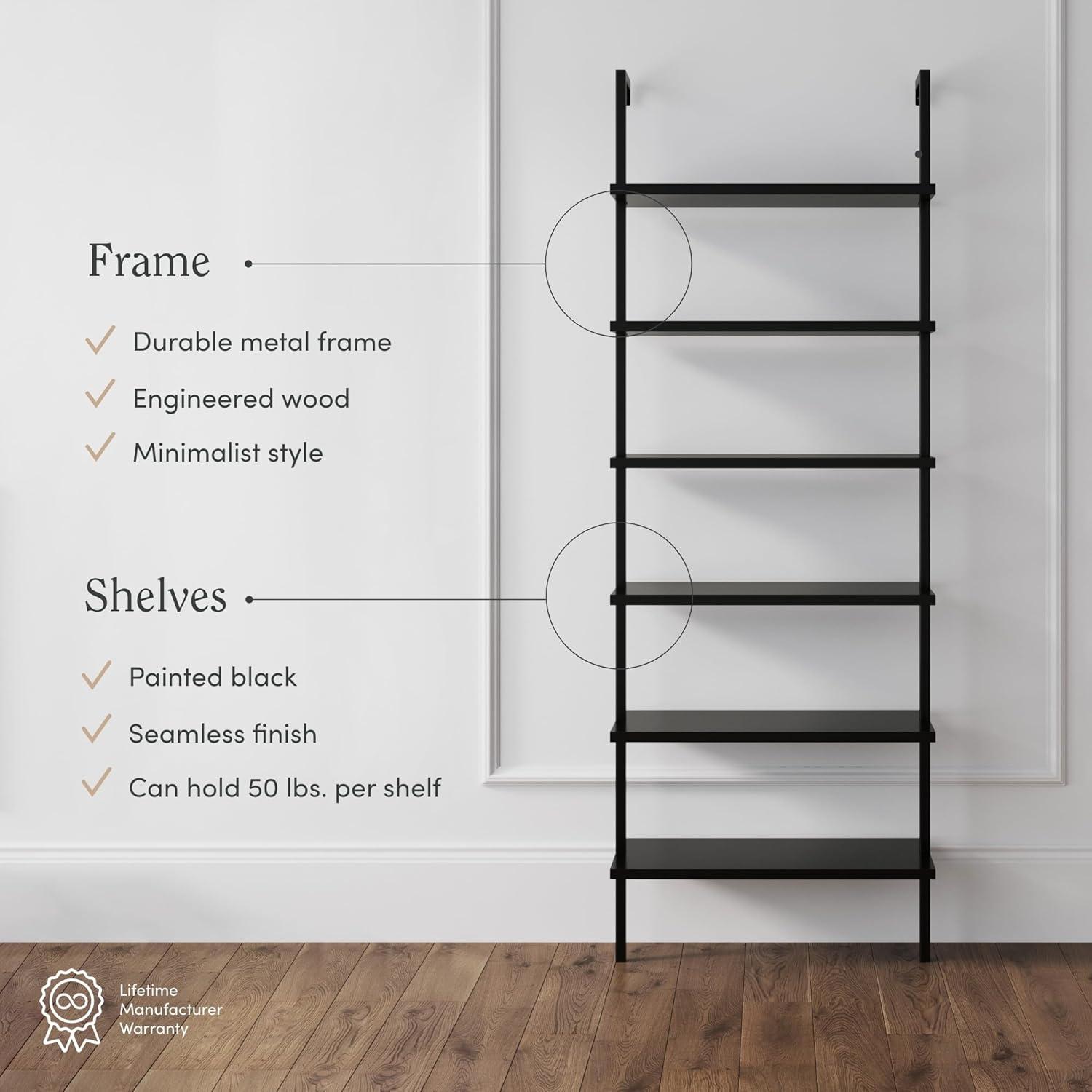 Nathan James 85" Theo 6 Shelves Wall Mounted Bookcase Matte Black: Sleek Design, Home Office Storage