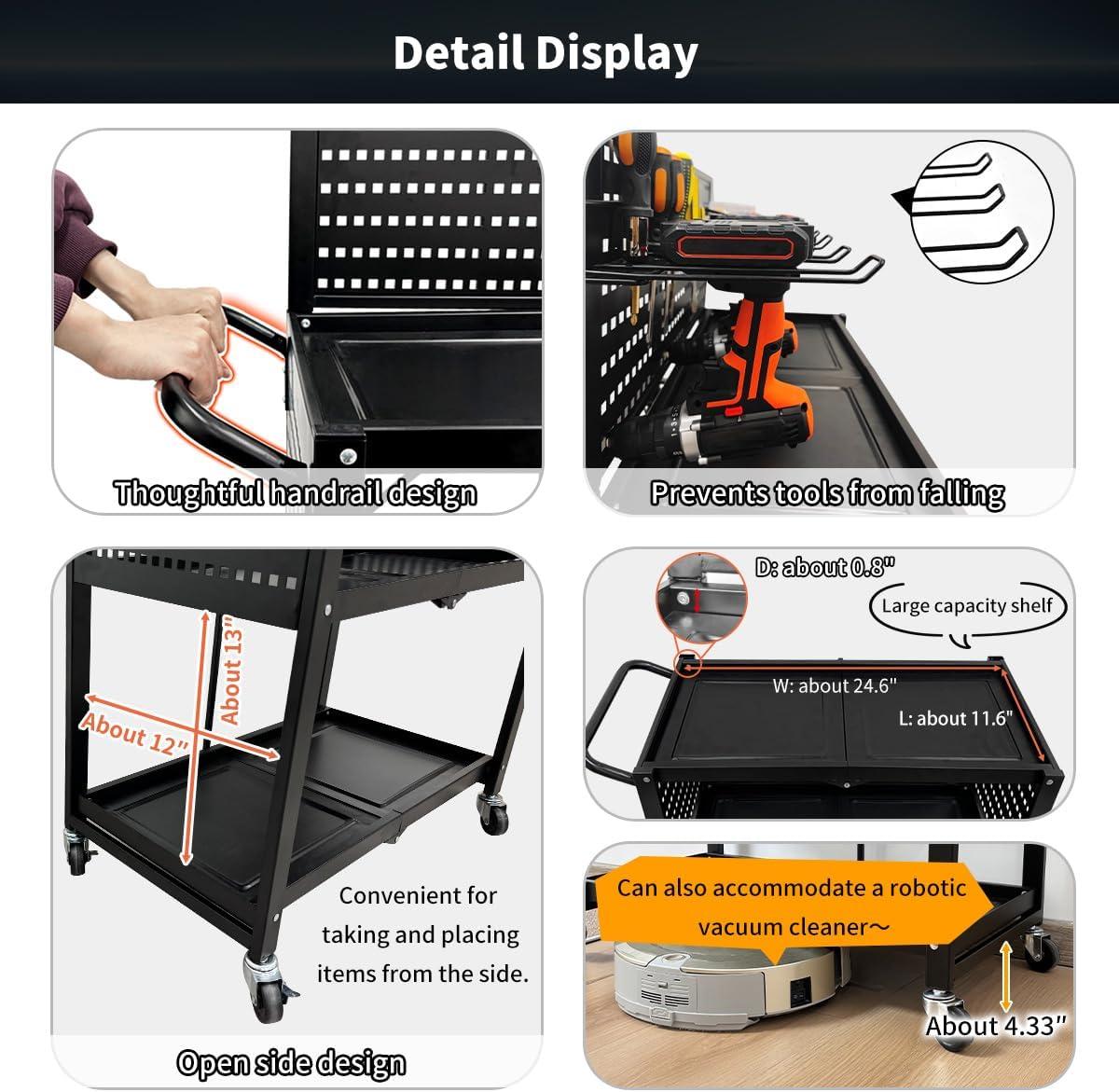 Lumizone 3-Tier Foldable Rolling Tool Cart with Wheels, Utility Cart with Pegboard and Hooks for Garage Organizer and Tool Storage, Power Tool Storage Cart on Wheels (Tool Cart+Hooks)