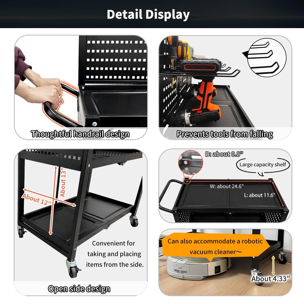 Lumizone 3-Tier Foldable Rolling Tool Cart with Wheels, Utility Cart with Pegboard and Hooks for Garage Organizer and Tool Storage, Power Tool Storage Cart on Wheels (Tool Cart+Hooks)
