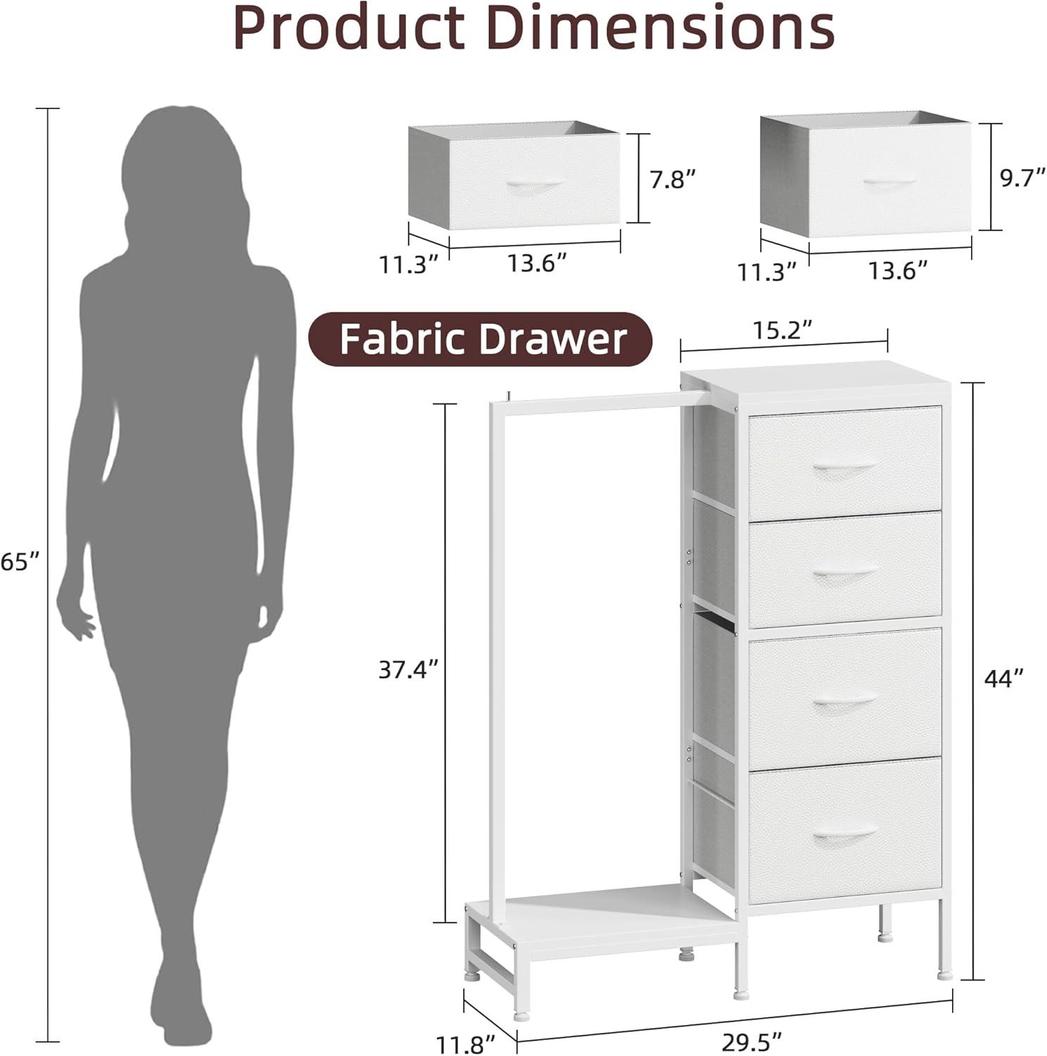 Dresser with Hanging Rack, 4 Drawers Small Closet for Bedroom, Reversible Fabric Chest of Drawers with Clothes Rack, Tall Storage Tower, Sturdy Frame, White, 44''H