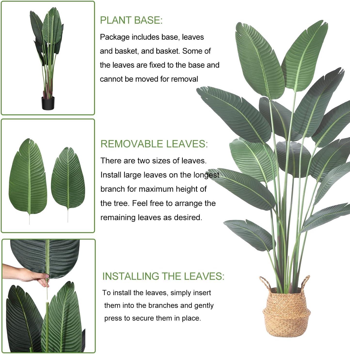 Artificial Bird of Paradise Plants 6 Ft Fake Tropical Palm Tree with 13 Trunks in Pot and Woven Seagrass Belly Basket Perfect Faux Plant for Home Indoor Outdoor Office Modern Decor Green 1Pc…