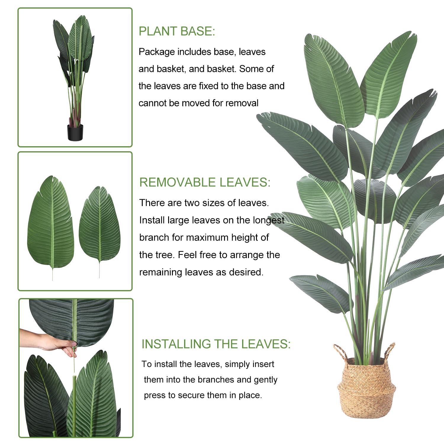 Artificial Bird of Paradise Plants 6 Ft Fake Tropical Palm Tree with 13 Trunks in Pot and Woven Seagrass Belly Basket Perfect Faux Plant for Home Indoor Outdoor Office Modern Decor Green 1Pc…