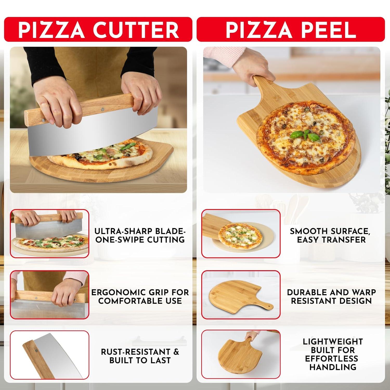 3PCS Round Pizza Stone for Oven Set 15" - Comes with Pizza Peel for Oven and Cutter - Cordierite Stones for Bread, Calzone, Cookies