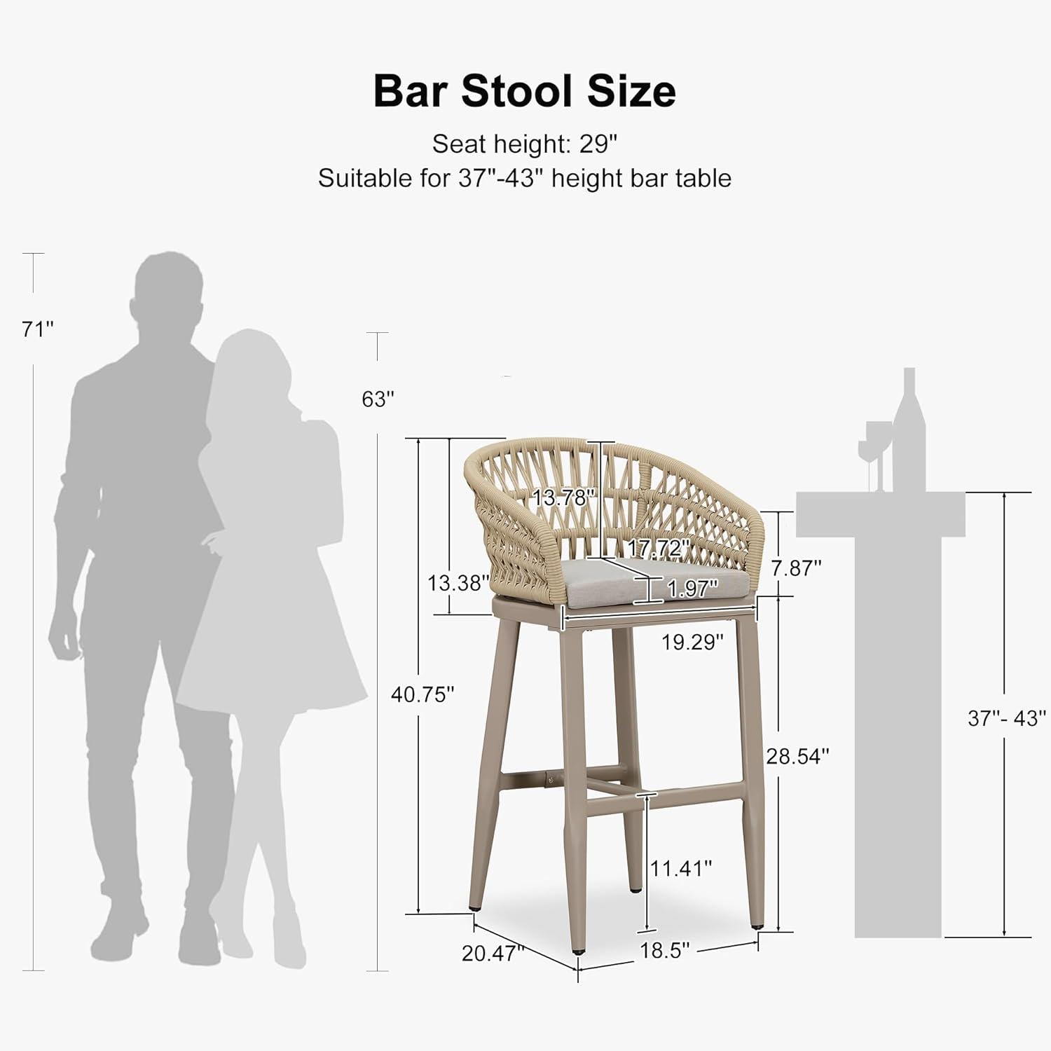 Champagne Aluminum and Rattan Bar Stools with Cushions, Set of 2