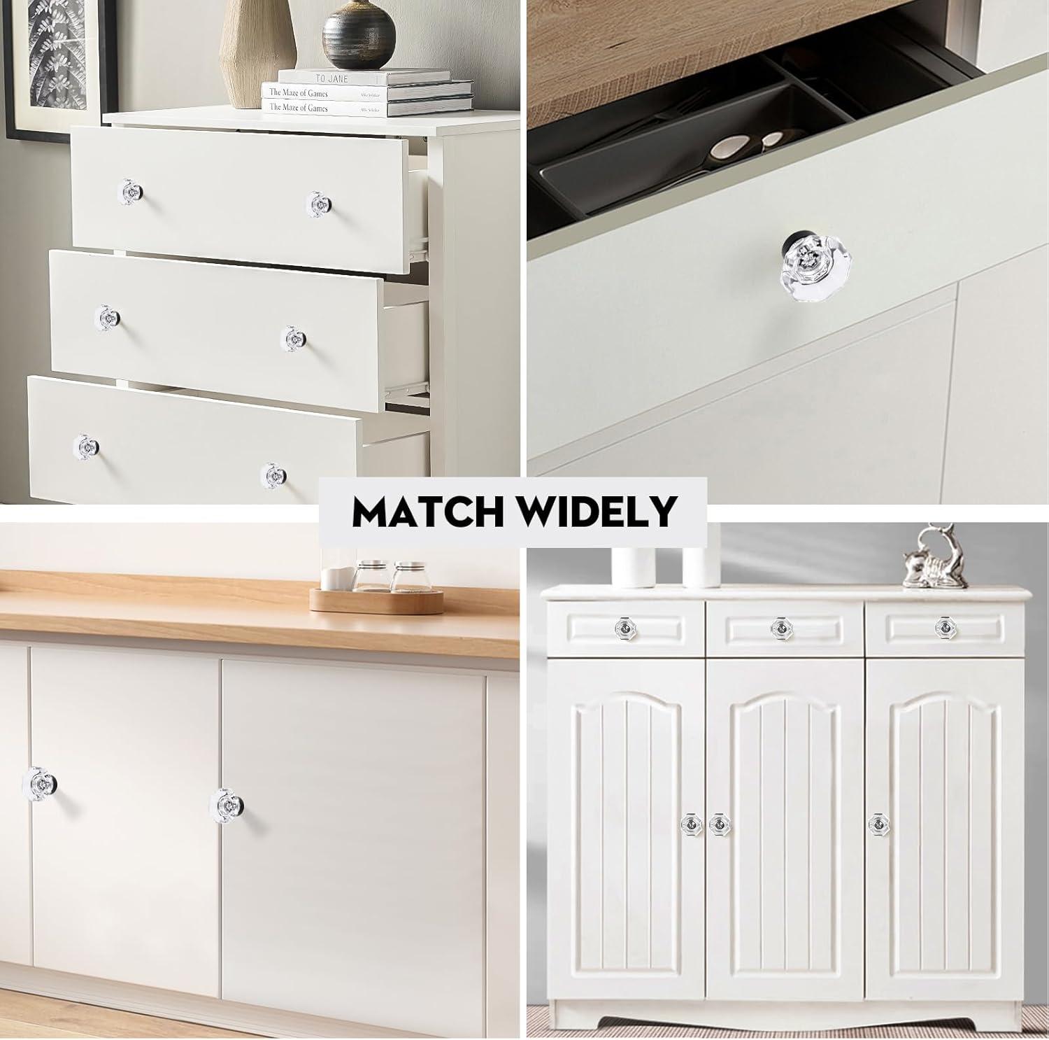 8 Pcs Crystal Cabinet Knobs, Glass Cabinet Knobs for Dresser Drawers, Kitchen Drawer Pulls Black Matte, Octagon