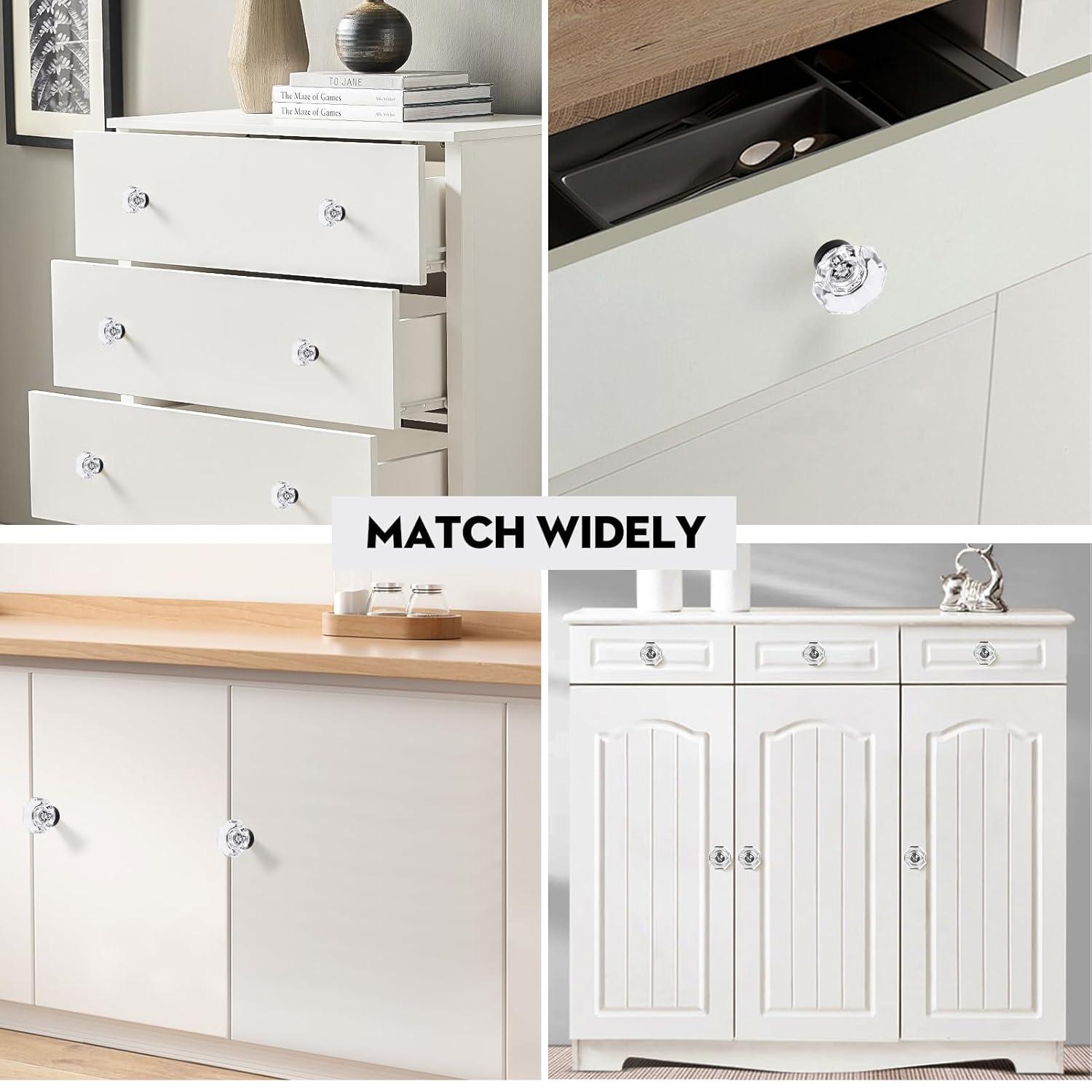 8 Pcs Crystal Cabinet Knobs, Glass Cabinet Knobs for Dresser Drawers, Kitchen Drawer Pulls Black Matte, Octagon