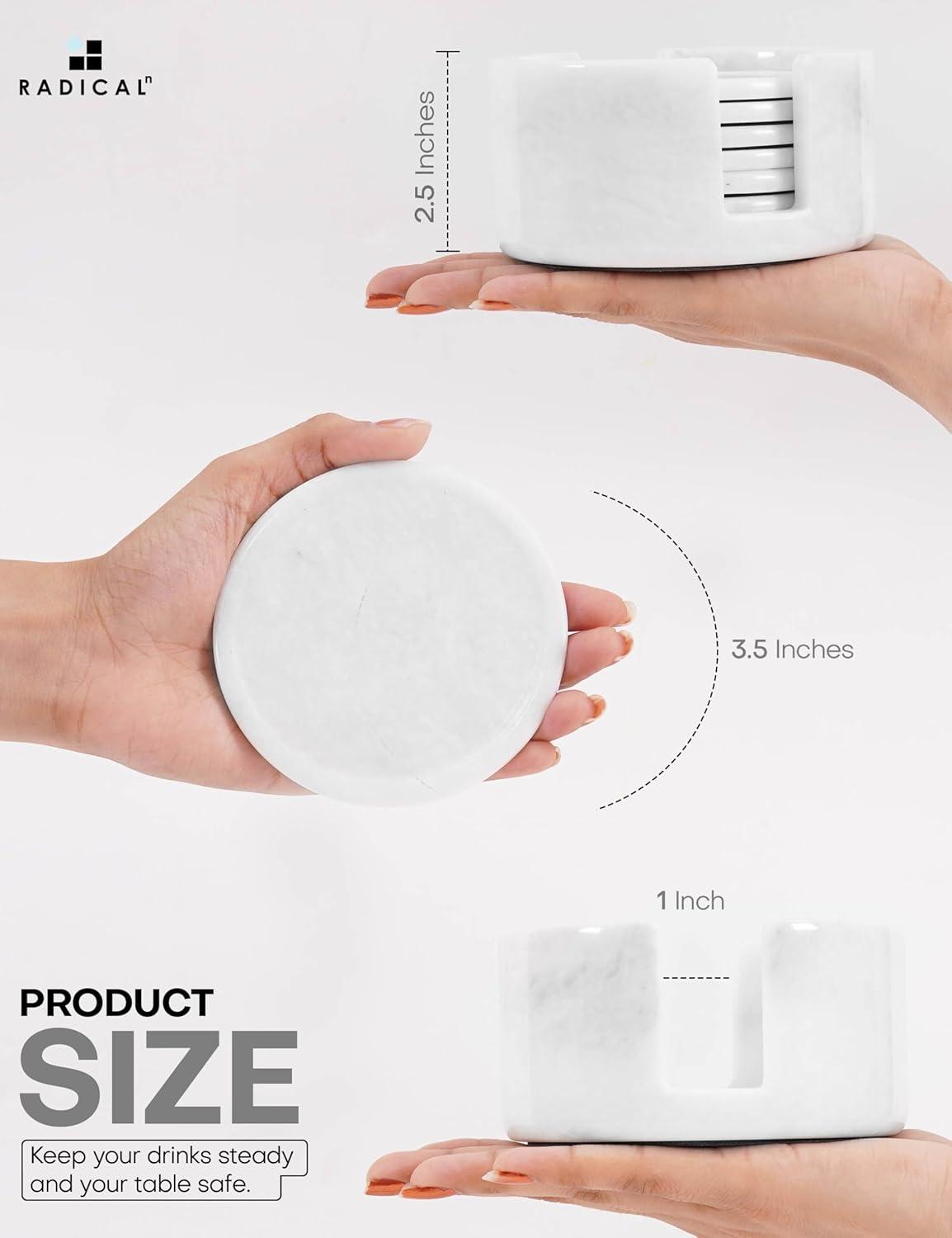 Radicaln White Marble Drink Coasters with Holder – 3.5" Round Handmade Coasters Set of 6 for Kitchen Table, Coffee Table, Bar, Home and Office Décor