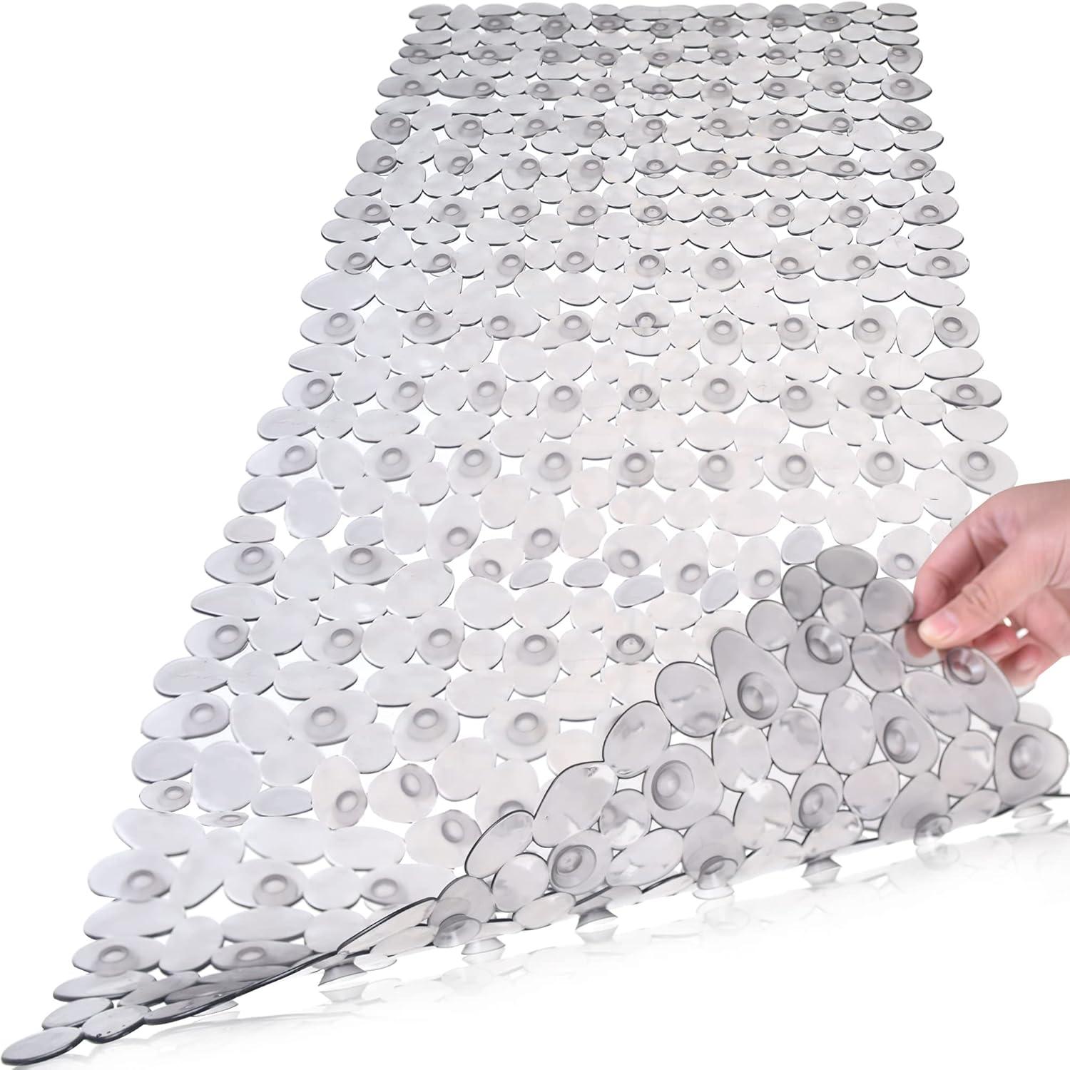 Gray PVC Pebble Bath Mat with Suction Cups and Drain Holes, 35x16 Inches