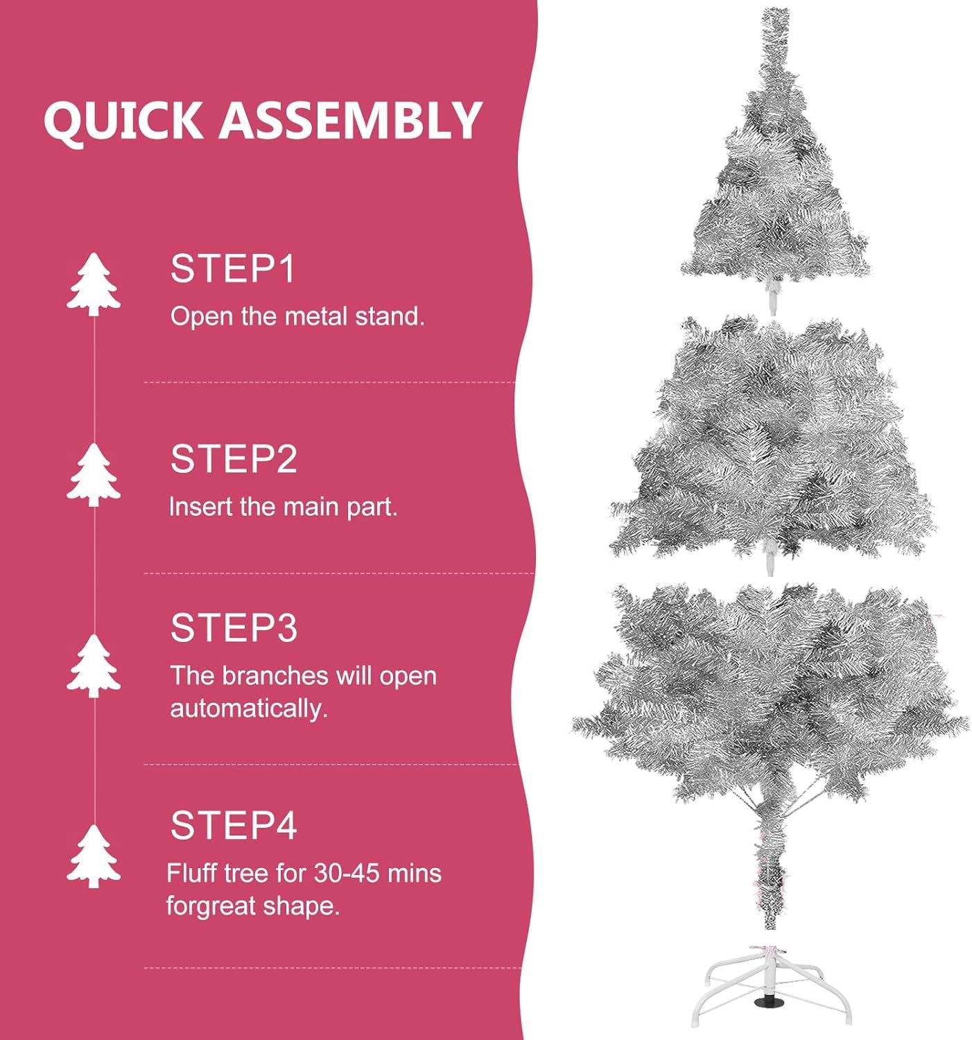 Topcobe 6 Feet Hinged Unlit Artificial Silver Tinsel Christmas Tree with Metal Stand, Decor for Christmas Party