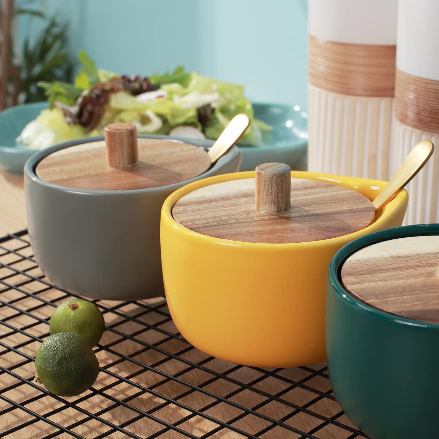 everous Salt Box(yellow) Salt Cellar Elegant Design Decorative Boxes Big Capacity Wood yellow Ceramic Base