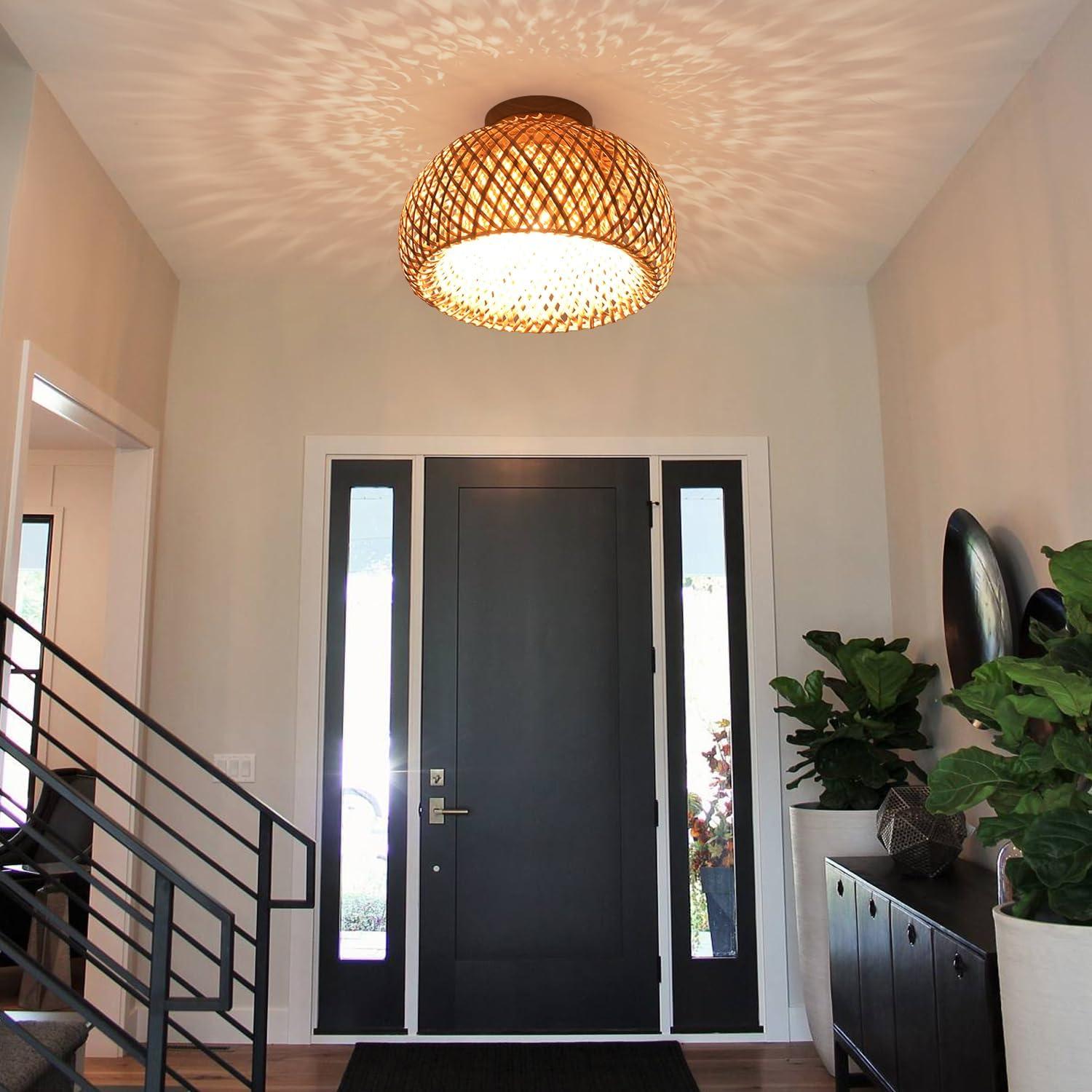 Bay Isle Home™ Bamboo Ceiling Light Fixtures, Hand-Woven Boho Flush Mount Ceiling Light, Handmade Ceiling Mount With Natural Bamboo Shade, Farmhouse Light Fixture