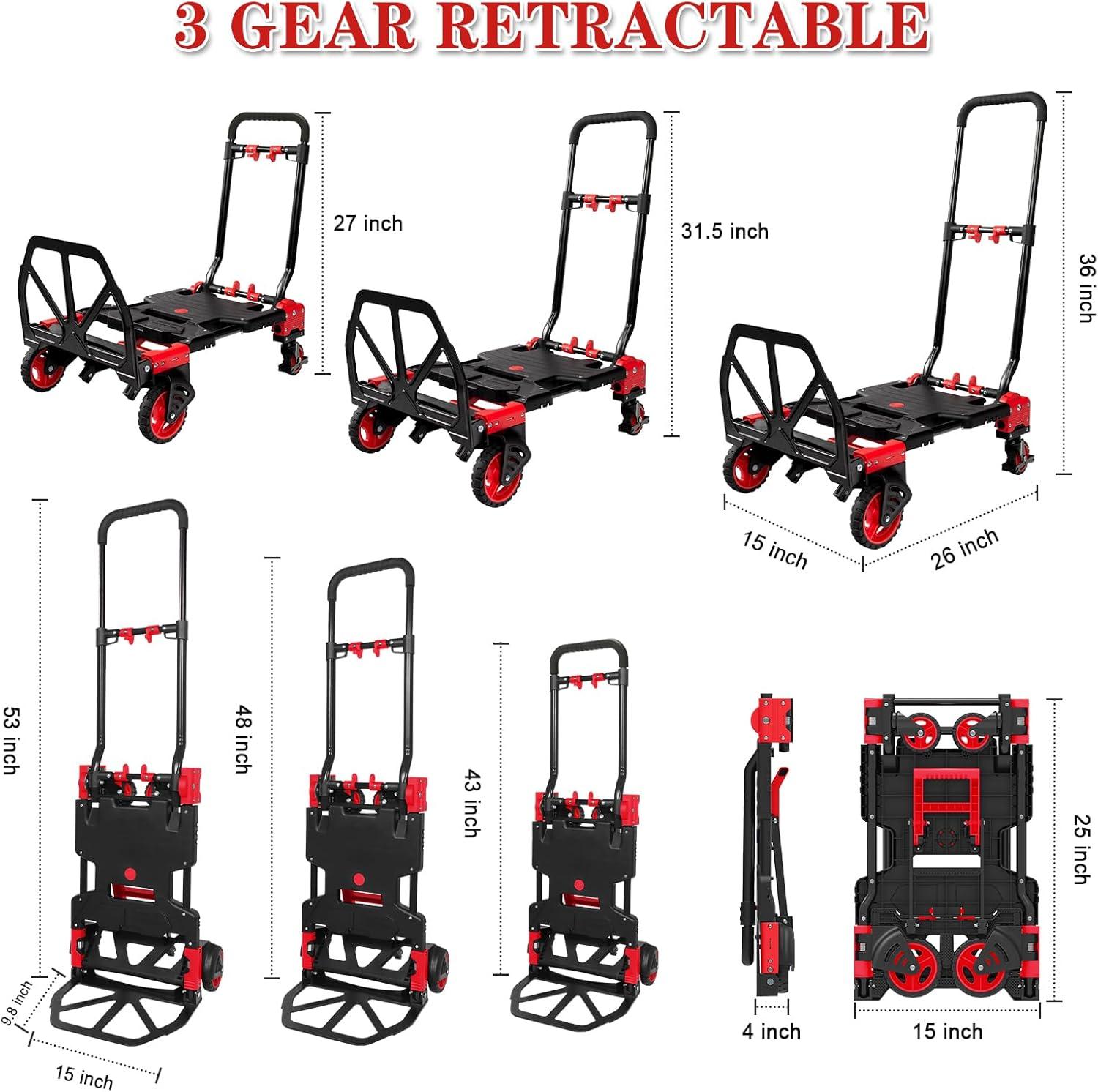 Qhomic 2 in 1 Folded Hand Truck with 4 Wheels, Heavy Duty Hand Cart Max Load 330LB, Dolly with Retractable Handle for Travel, Luggage, Shopping, Moving Use