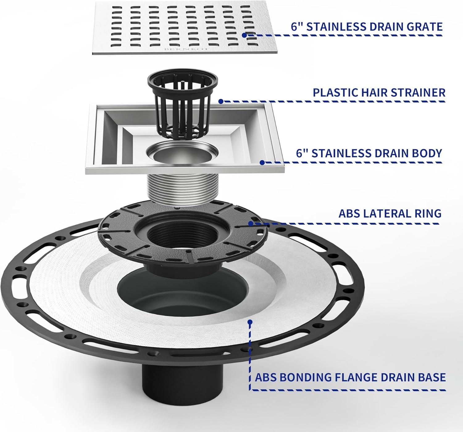 6" Square Brushed Stainless Steel Shower Drain with PVC Flange