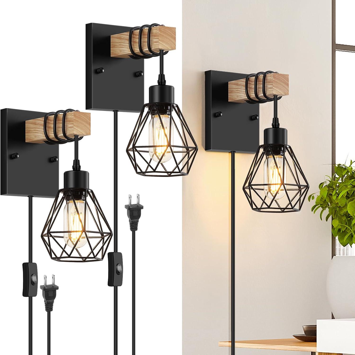 Black and Wood Plug-In Wall Sconce Set with Cage Shade