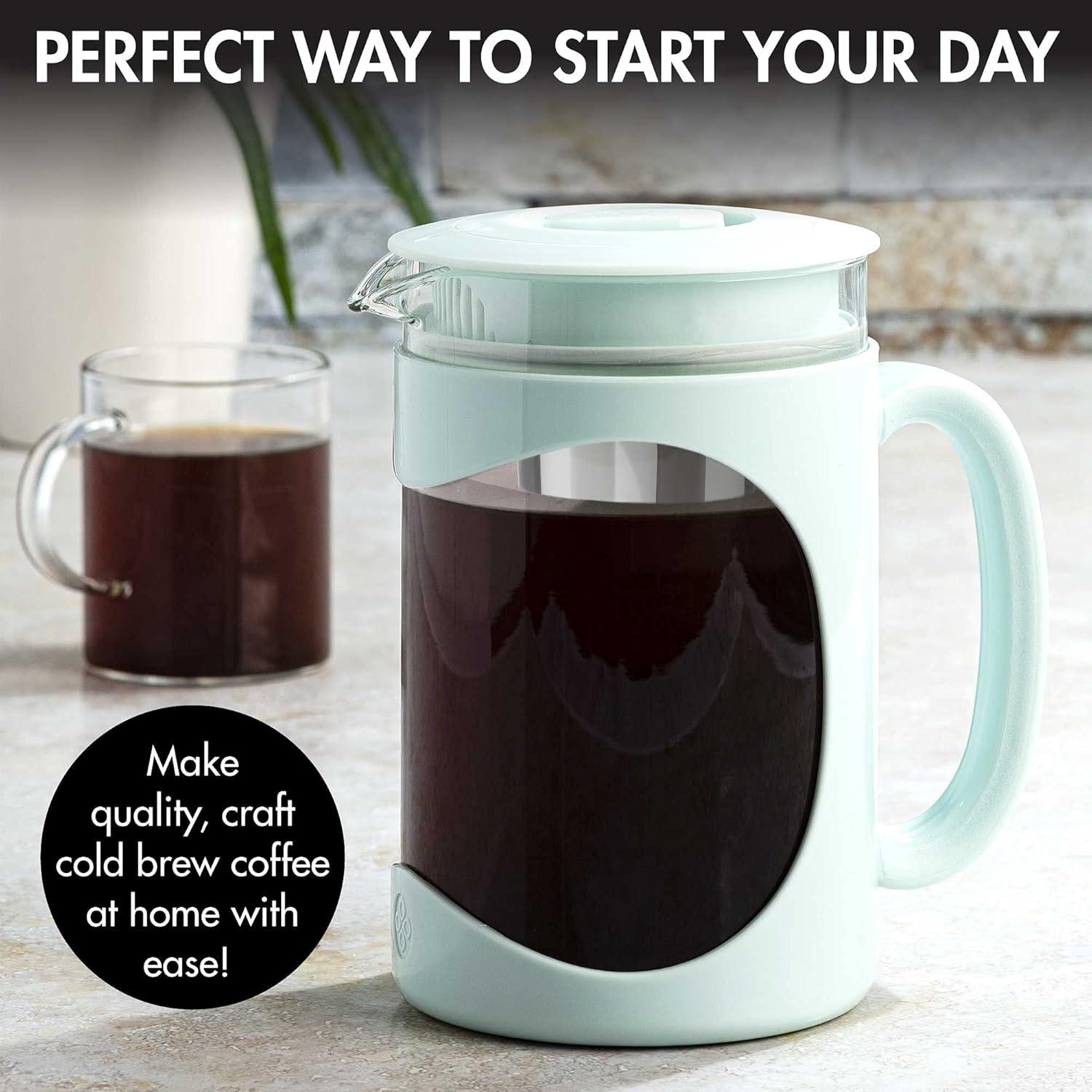 Primula Burke Deluxe Cold Brew Iced Coffee Maker, Comfort Grip Handle, Durable Glass Carafe, Removable Mesh Filter, Perfect 6 Cup Size, Dishwasher Safe, 1.6 qt, Aqua 1.6 qt Aqua Coffee Maker