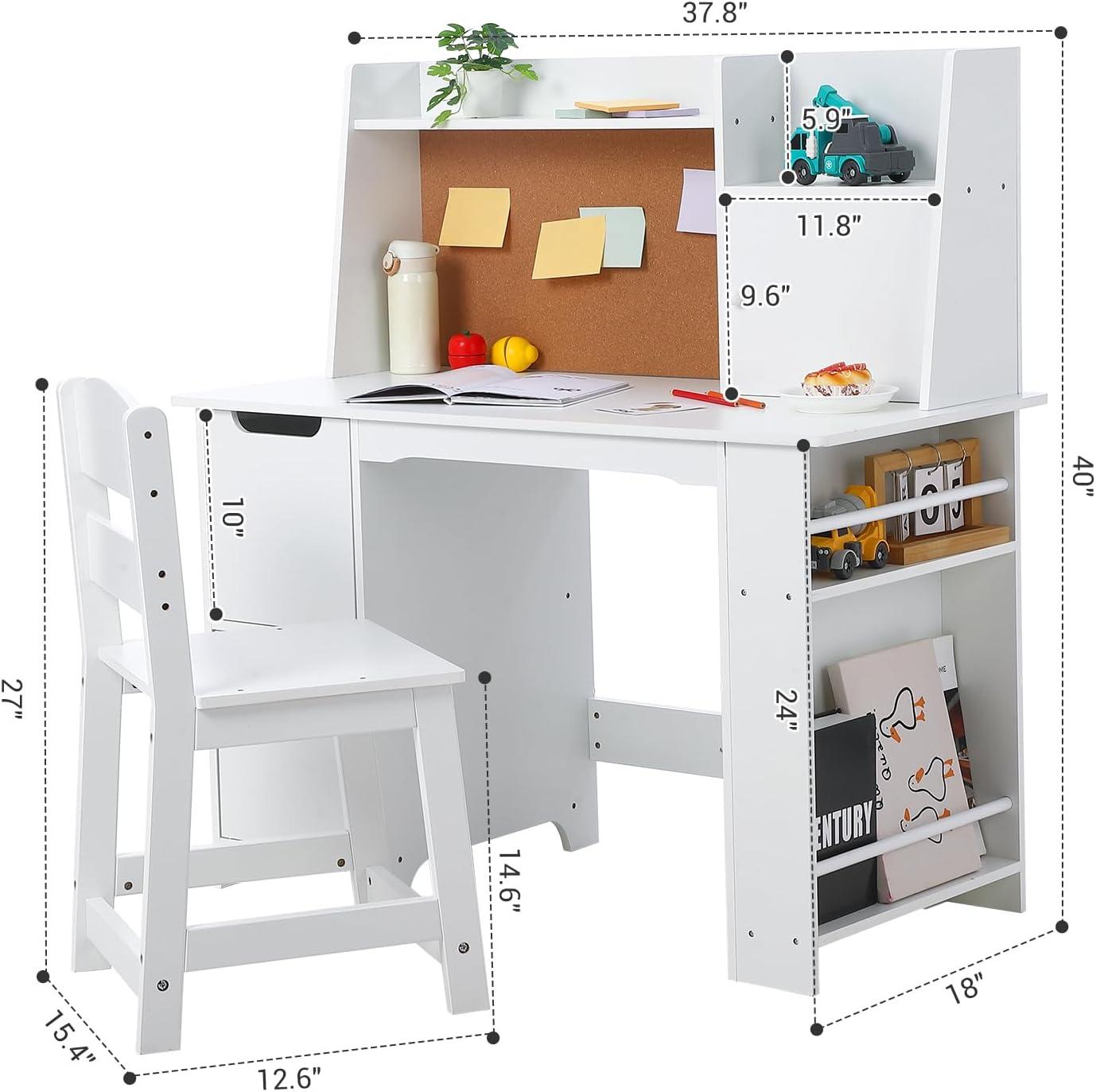 Soonbuy Kids Desk, Wooden Study Desk and Chair Set for Children, Writing Desk with Storage for 3-8 Yrs Boys Girls,White