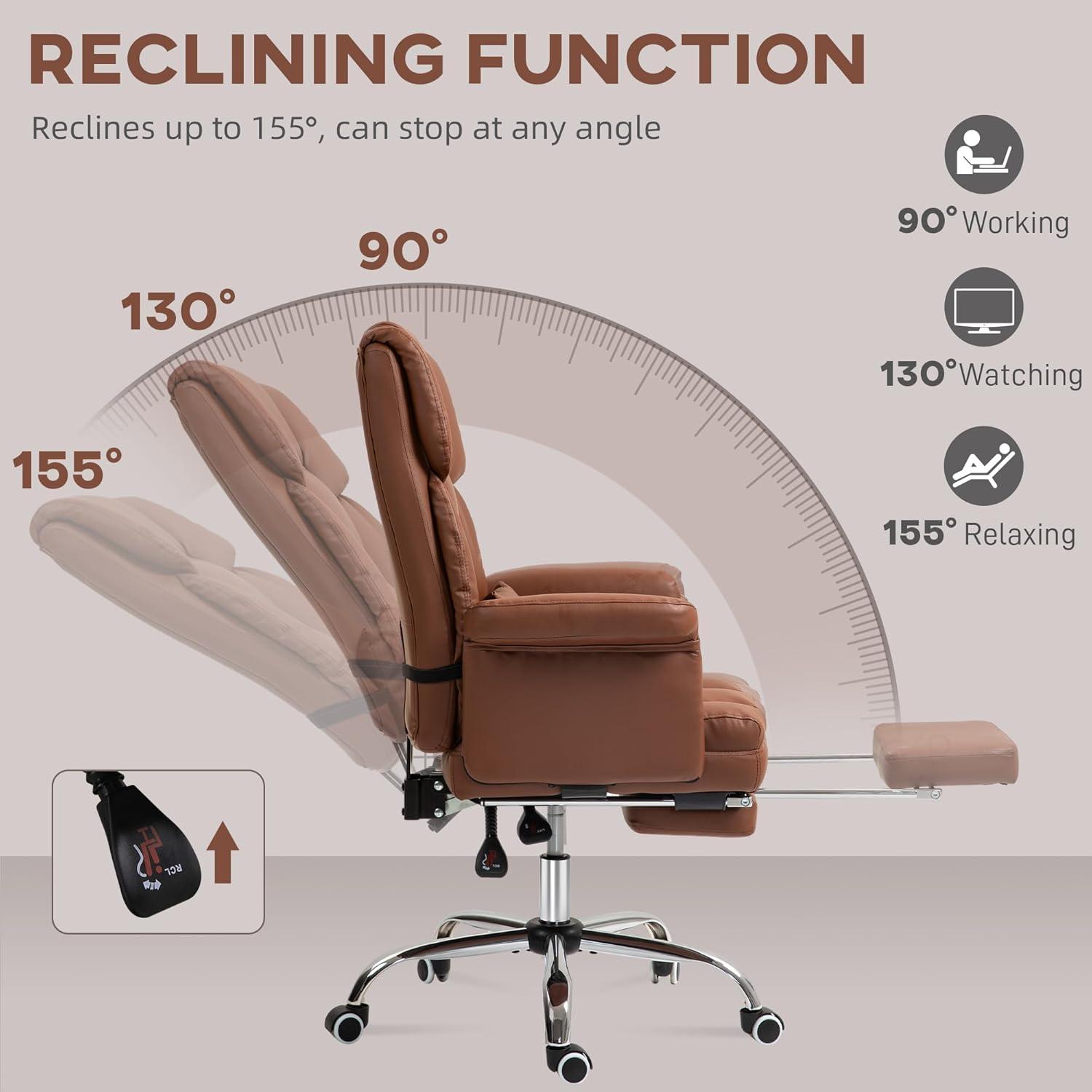 HOMCOM Executive Office Chair with Footrest and Lumbar Support, PU Leather Office Desk Chair, Ergonomic, Reclining and Swivel Chair, Brown
